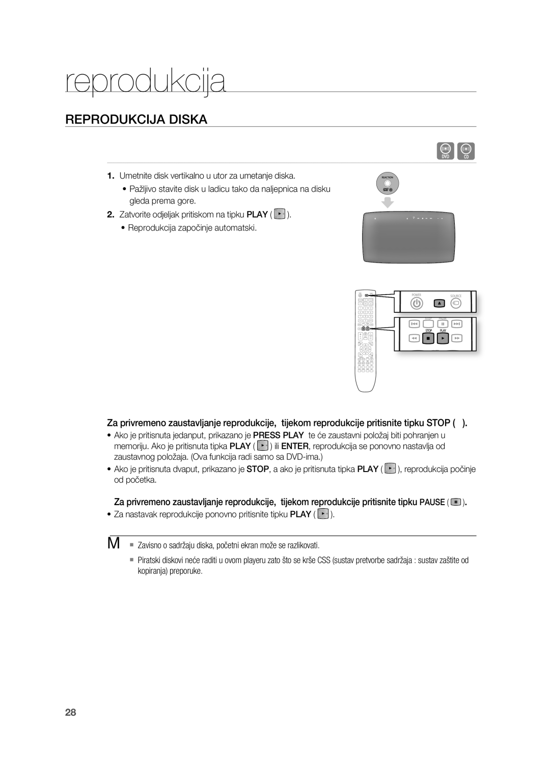 Samsung HT-TX725GT/EDC, HT-X725GT/EDC manual Reprodukcija, REPRoDUkCIjA DISkA 