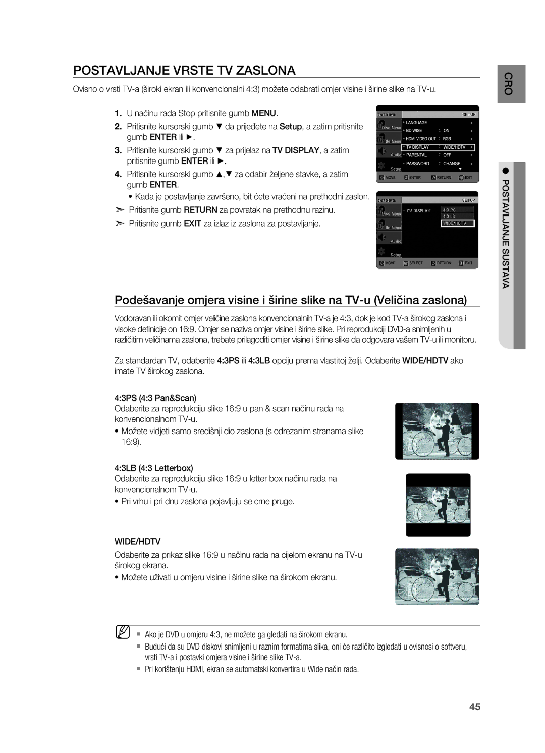 Samsung HT-X725GT/EDC, HT-TX725GT/EDC manual Postavljanje vrste TV zaslona, Gumb Enter, Wide/Hdtv, Postavljanje sustava 