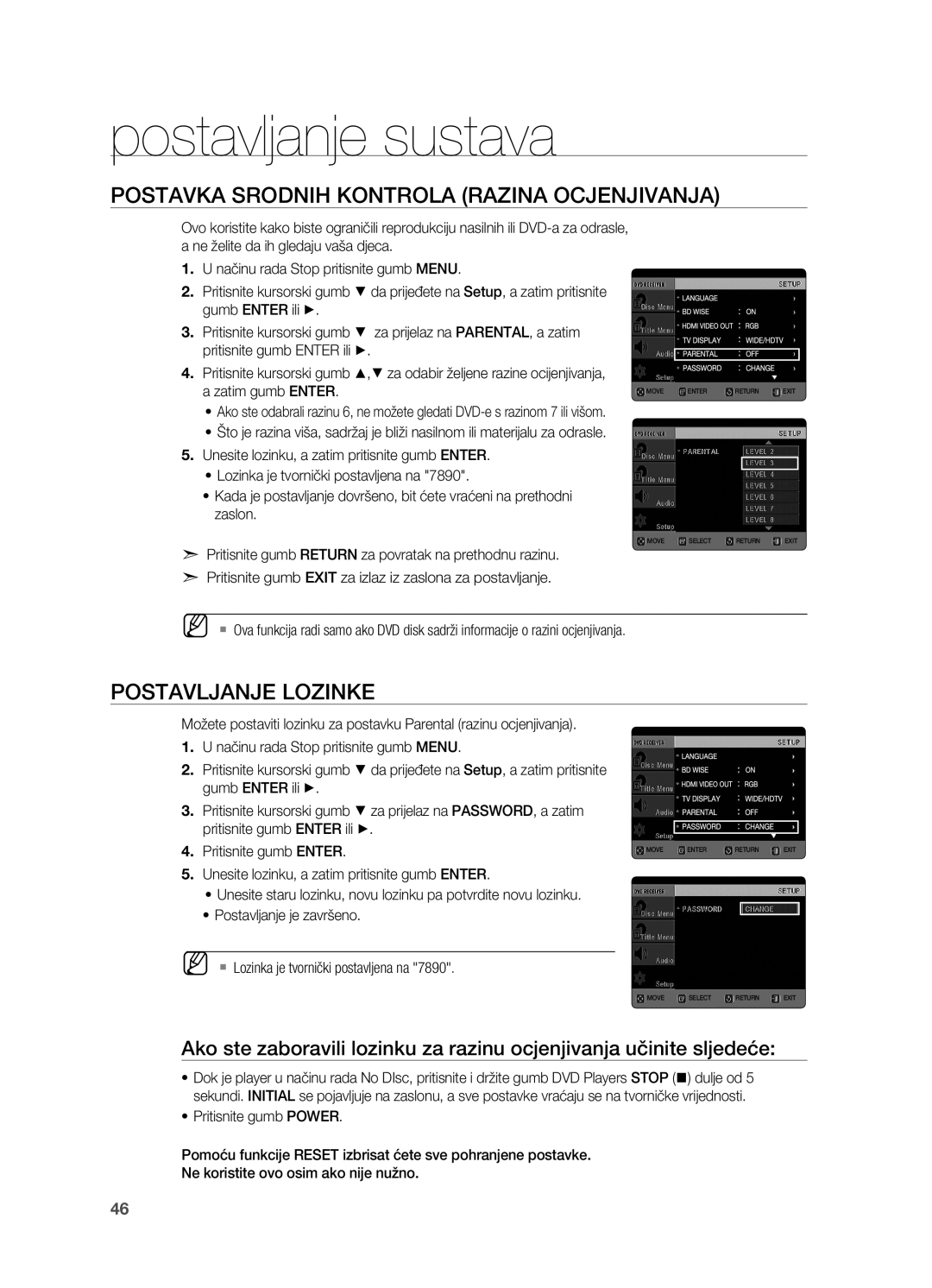 Samsung HT-TX725GT/EDC manual Postavka srodnih kontrola Razina ocjenjivanja, Postavljanje lozinke, Zatim gumb Enter 