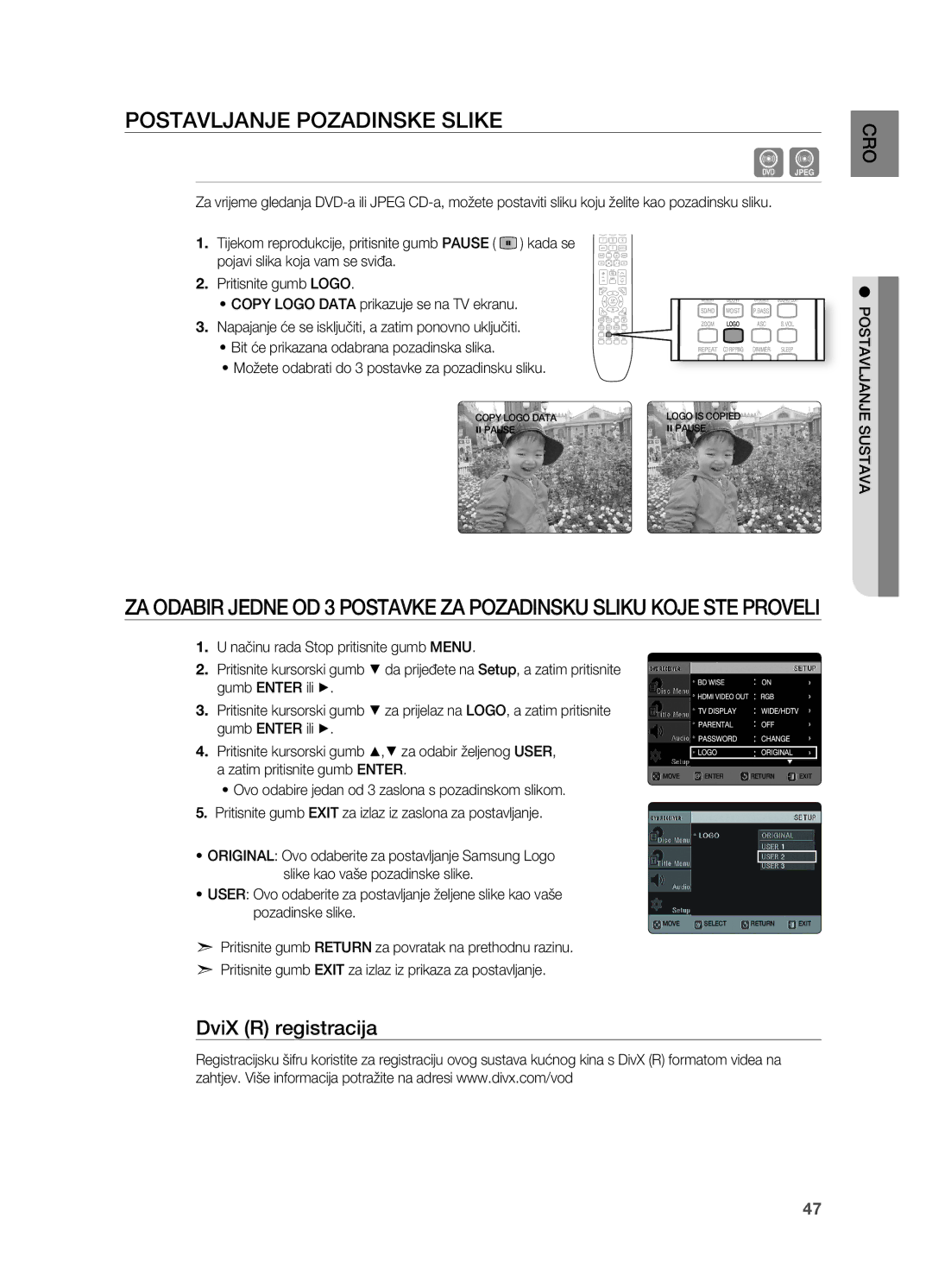 Samsung HT-X725GT/EDC, HT-TX725GT/EDC manual PoSTAVLjANjE PozADINSkE SLIkE, DviX R registracija 