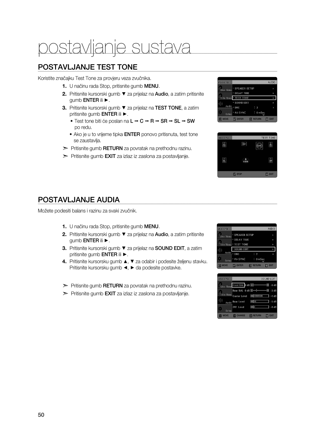 Samsung HT-TX725GT/EDC, HT-X725GT/EDC manual Postavljanje Test Tone, Postavljanje audia 