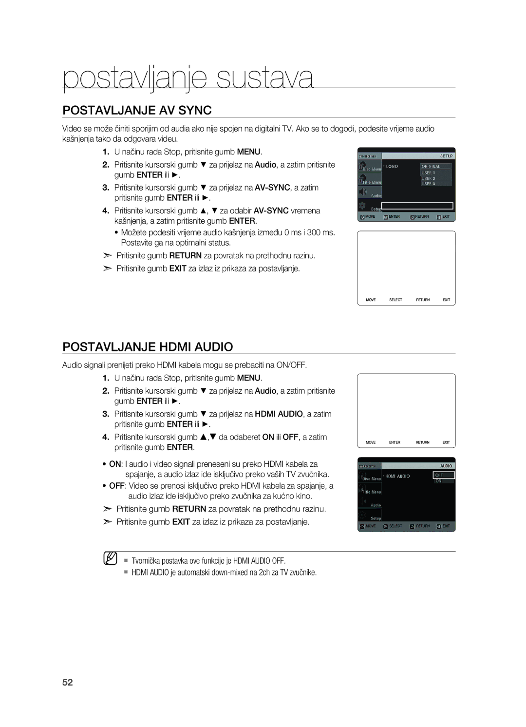 Samsung HT-TX725GT/EDC, HT-X725GT/EDC manual Postavljanje AV Sync, Postavljanje Hdmi audio 