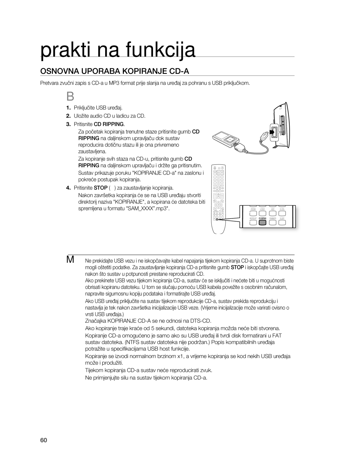 Samsung HT-TX725GT/EDC, HT-X725GT/EDC manual OSNoVNA UPoRABA koPIRANjE CD-A 