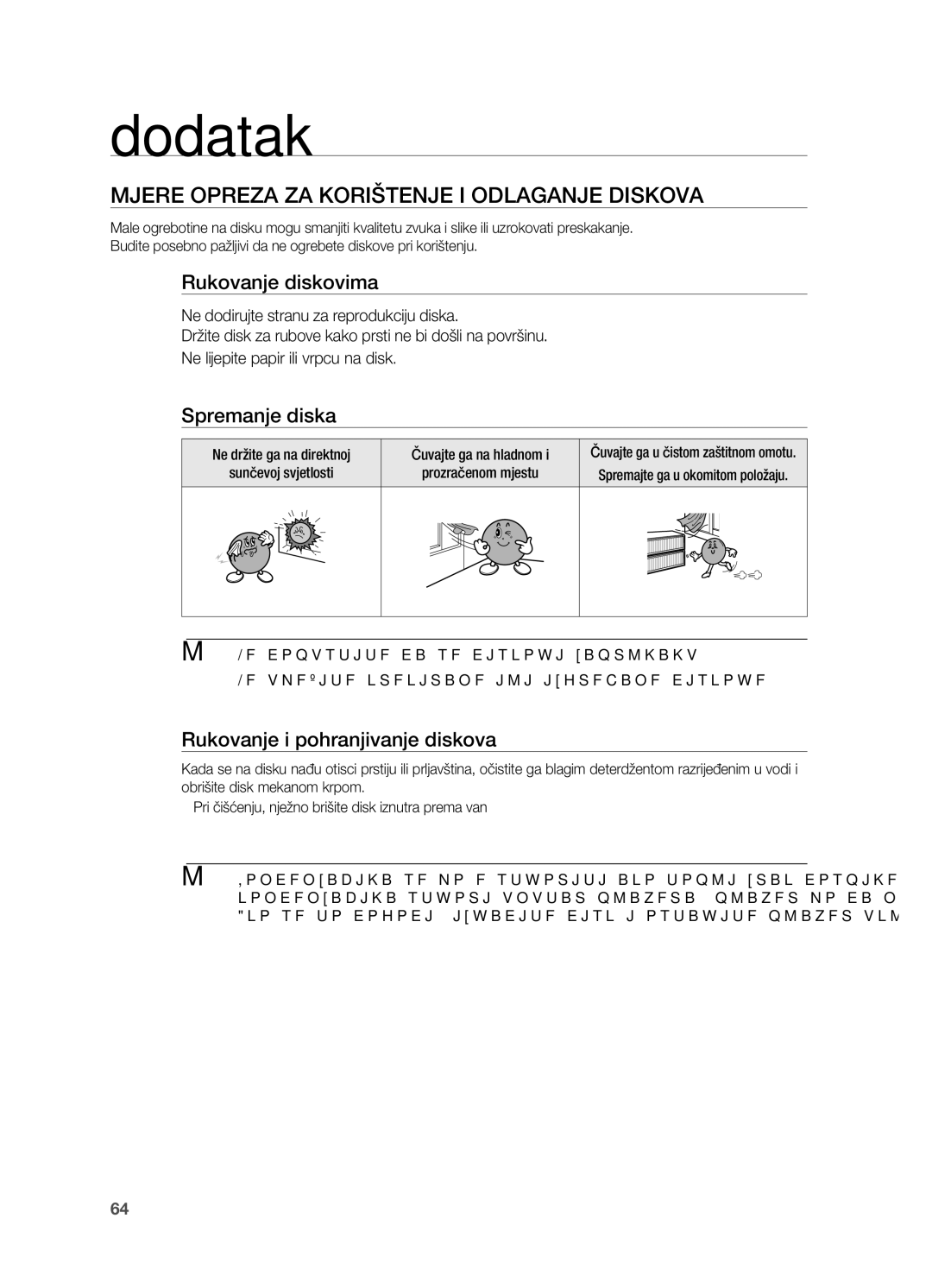 Samsung HT-TX725GT/EDC manual Dodatak, Mjere opreza za korištenje i odlaganje diskova, Rukovanje diskovima, Spremanje diska 