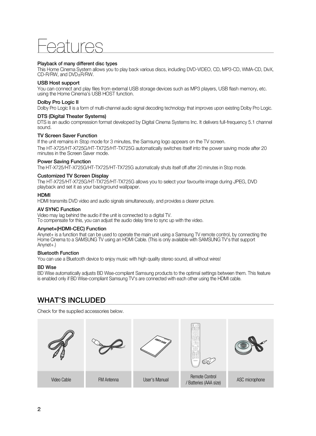 Samsung HT-X725T/EDC, HT-TX725GT/EDC, HT-X725GT/XEU, HT-X725GT/XET, HT-TX725T/HAC manual Features, What’s included, Hdmi 