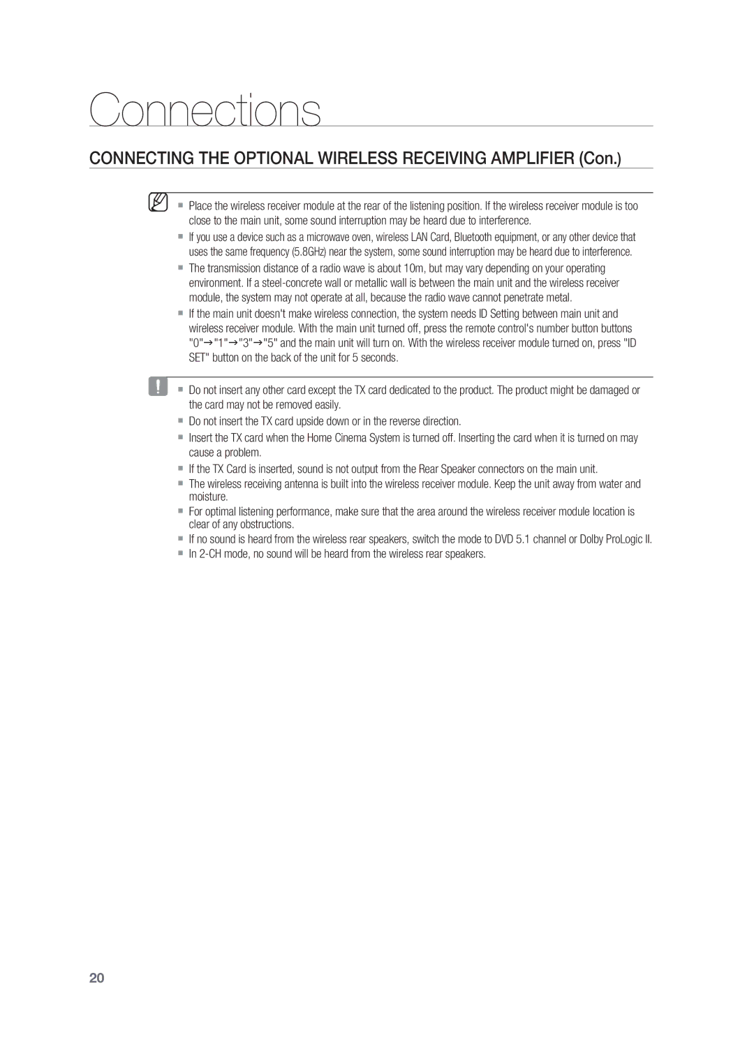 Samsung HT-TX725T/FMC, HT-TX725GT/EDC, HT-X725GT/XEU, HT-X725T/EDC Connecting the Optional Wireless Receiving Amplifier Con 