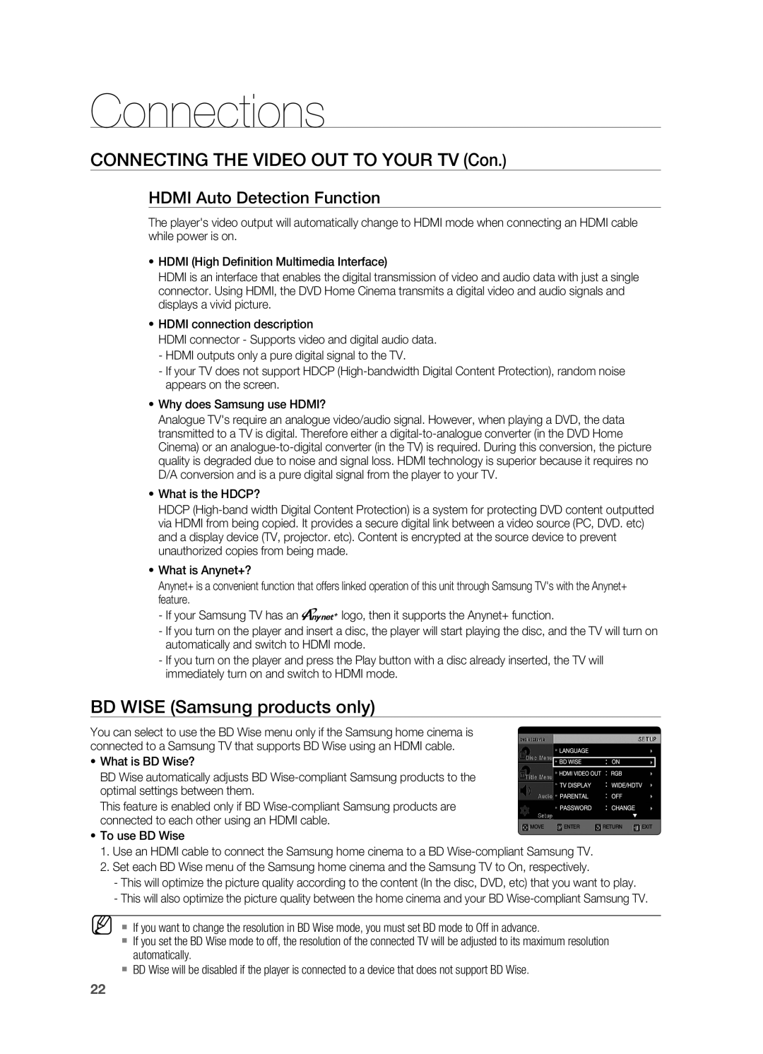 Samsung HT-X725T/MEA Connecting the Video Out to your TV Con, BD Wise Samsung products only, Hdmi Auto Detection Function 