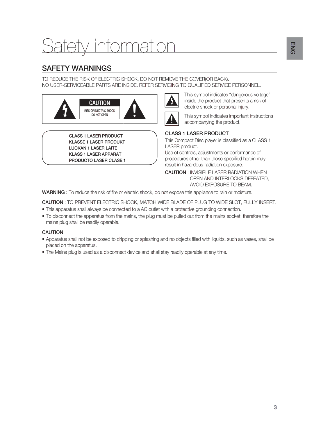 Samsung HT-X725GT/XET Safety information, Safety Warnings, This symbol indicates dangerous voltage, Class 1 Laser Product 