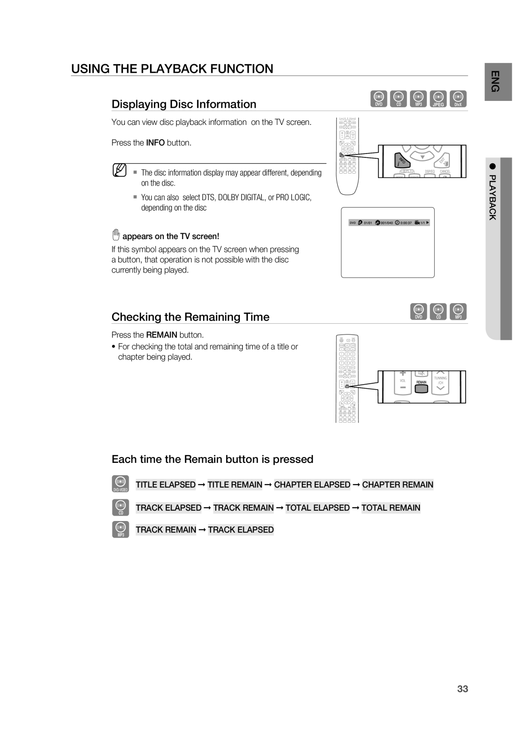 Samsung HT-TX725T/MEA, HT-X725GT/XEU Using the Playback Function, Displaying Disc Information, Checking the remaining Time 