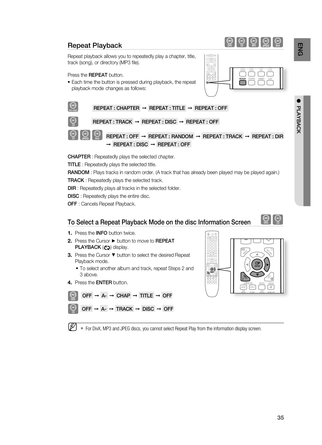 Samsung HT-TX725T/UMG, HT-TX725GT/EDC, HT-X725GT/XEU manual Repeat Playback, OFF A- Chap Title OFF, OFF A- TrACK Disc OFF 