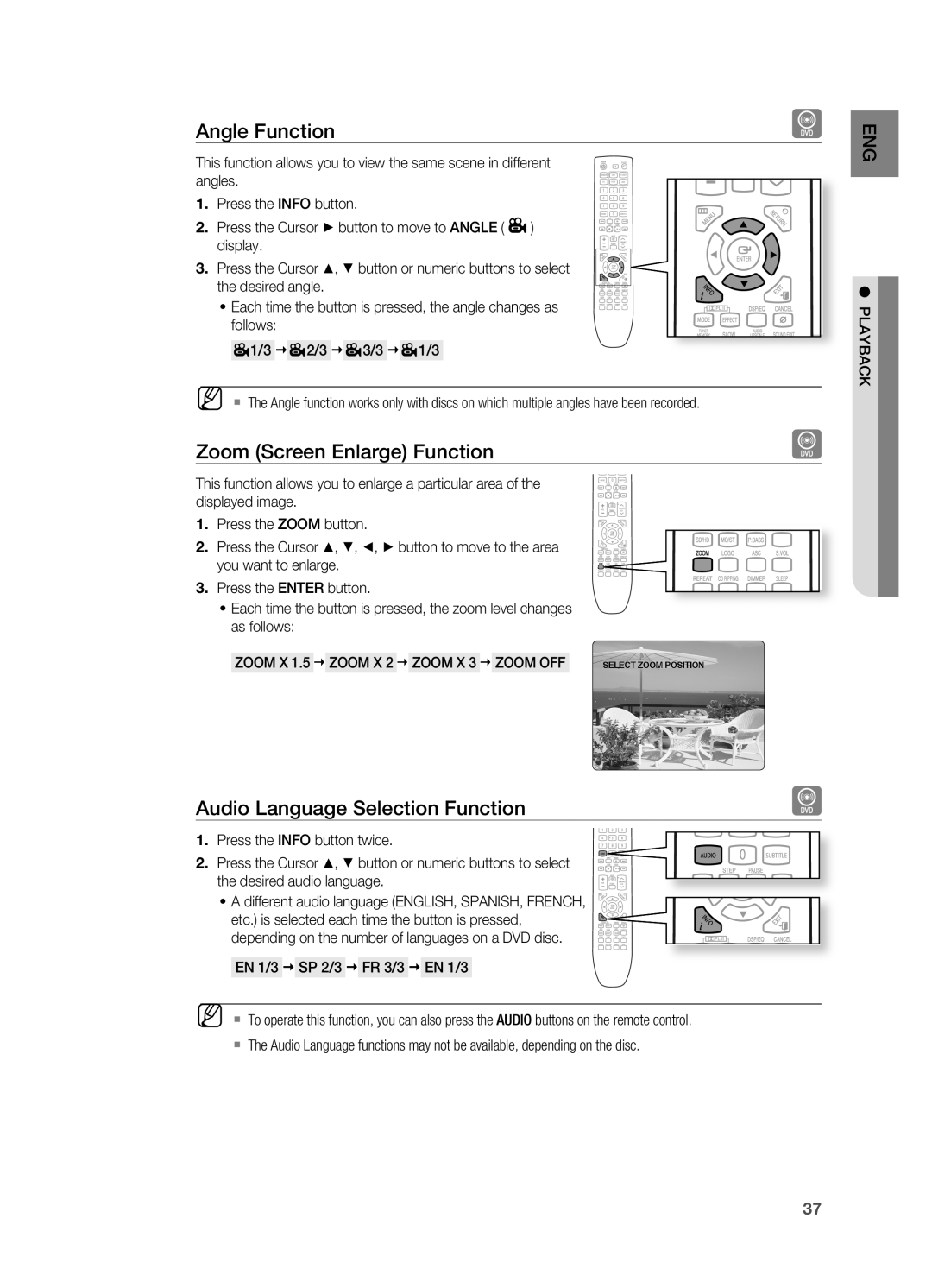 Samsung HT-TX725T/XSV manual Angle Function, Zoom Screen Enlarge Function, Audio Language Selection Function, Zoom X 