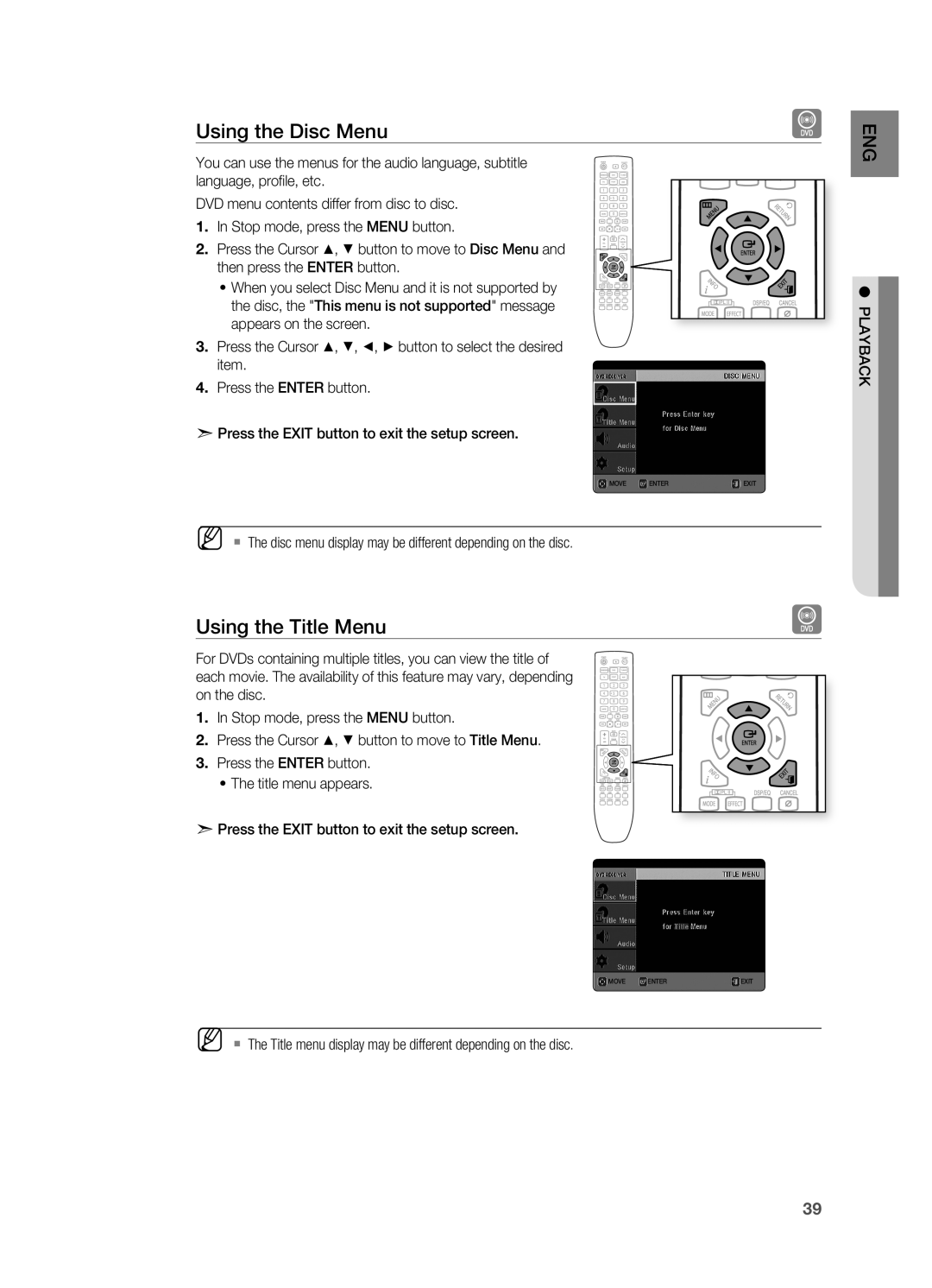 Samsung HT-TX725GT/XEE, HT-TX725GT/EDC, HT-X725GT/XEU, HT-X725T/EDC, HT-X725GT/XET Using the Disc Menu, Using the Title Menu 