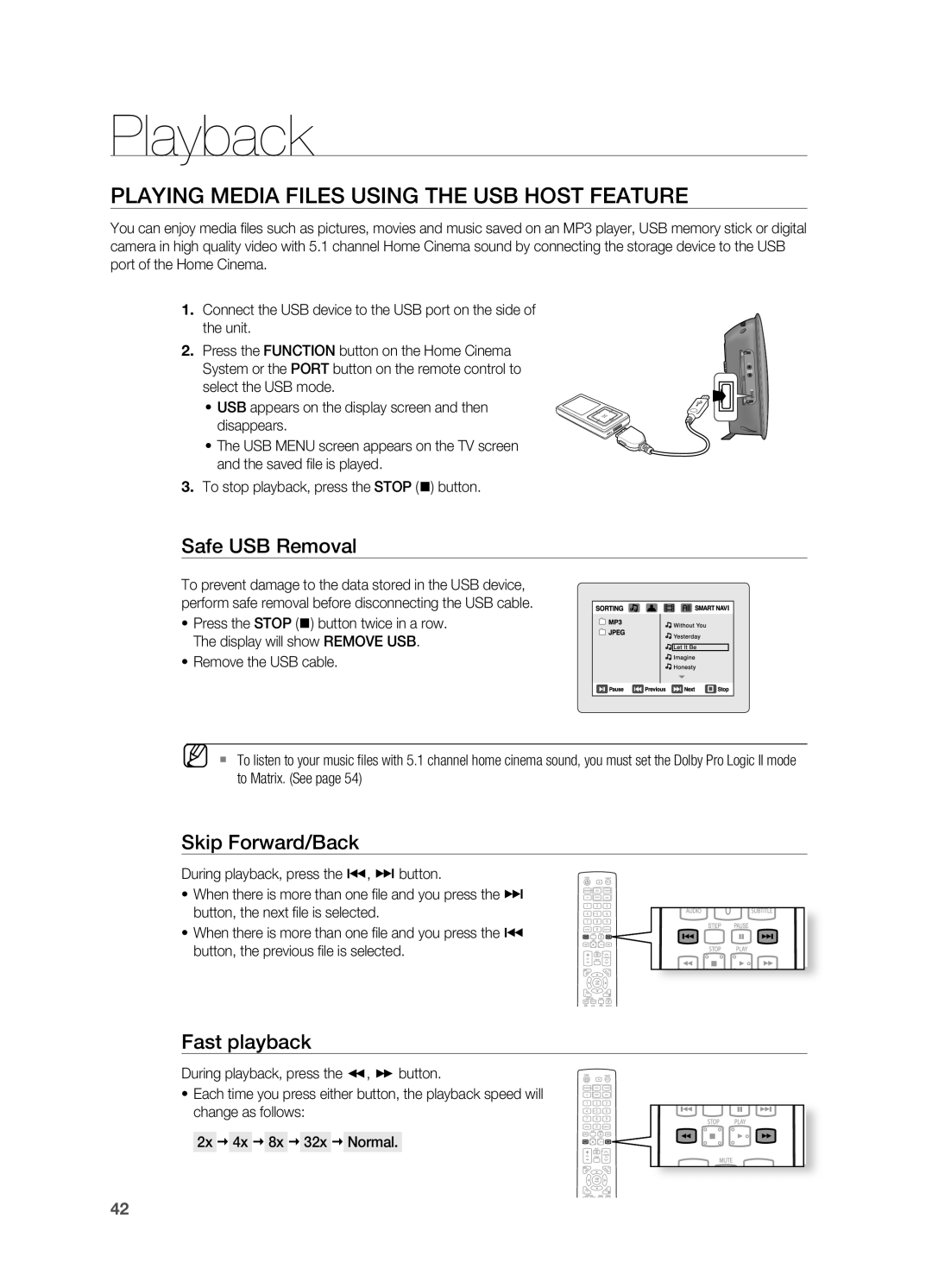 Samsung HT-TX725GT/EDC, HT-X725GT/XEU, HT-X725T/EDC manual Playing Media Files Using the USB Host FEATUrE, Safe USB removal 