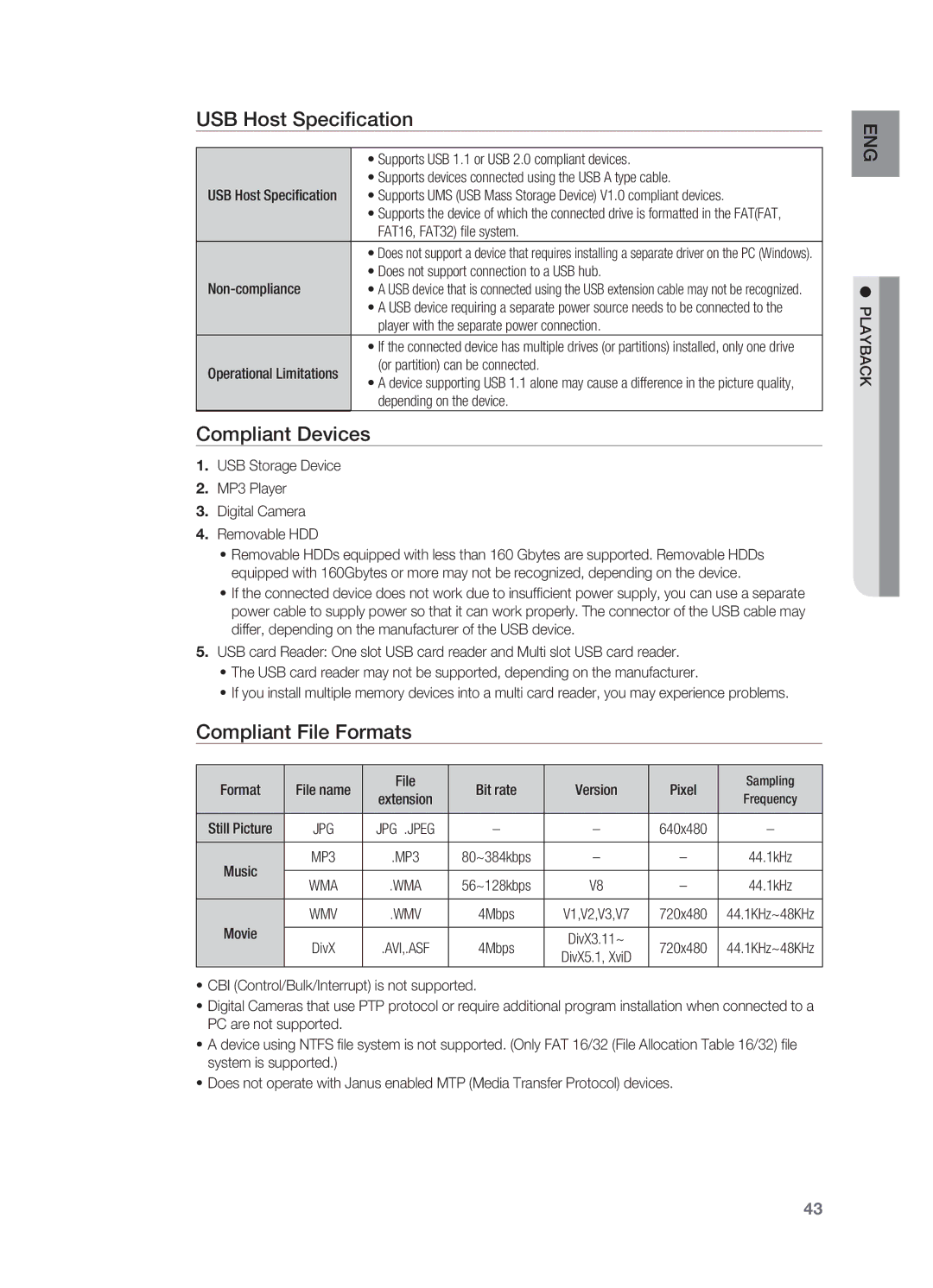 Samsung HT-X725GT/XEU, HT-TX725GT/EDC, HT-X725T/EDC manual USB Host Specification, Compliant Devices, Compliant File Formats 