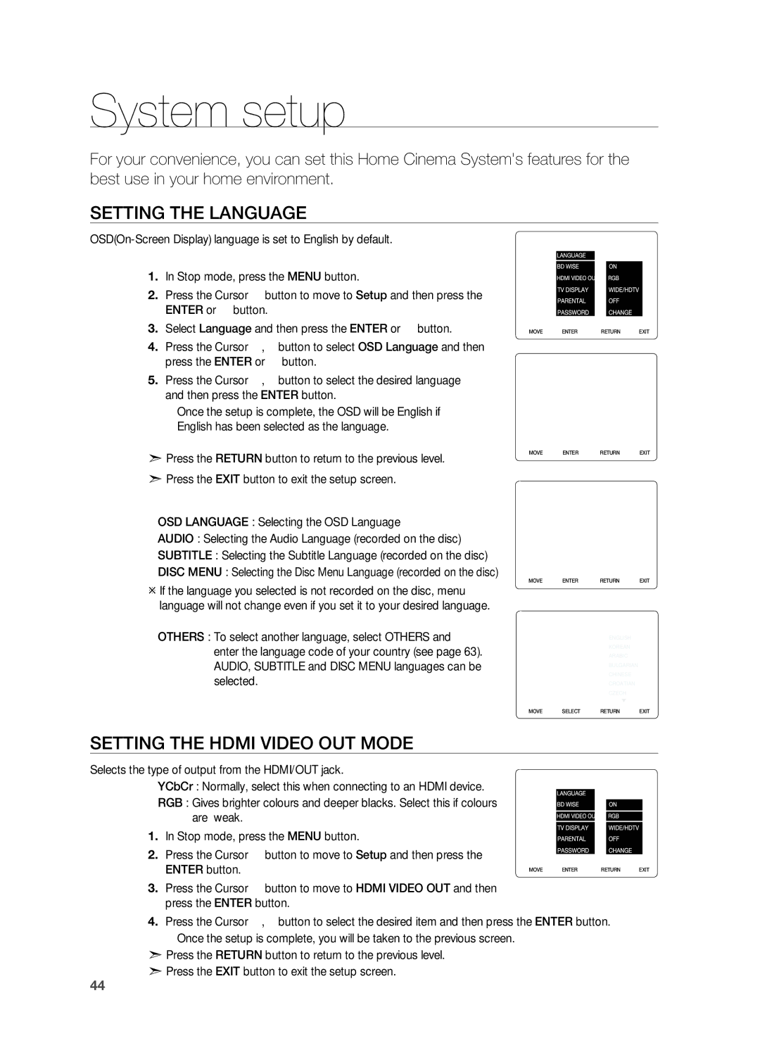 Samsung HT-X725T/EDC, HT-TX725GT/EDC, HT-X725GT/XEU System setup, Setting the Language, SetTing the Hdmi Video OUT Mode 