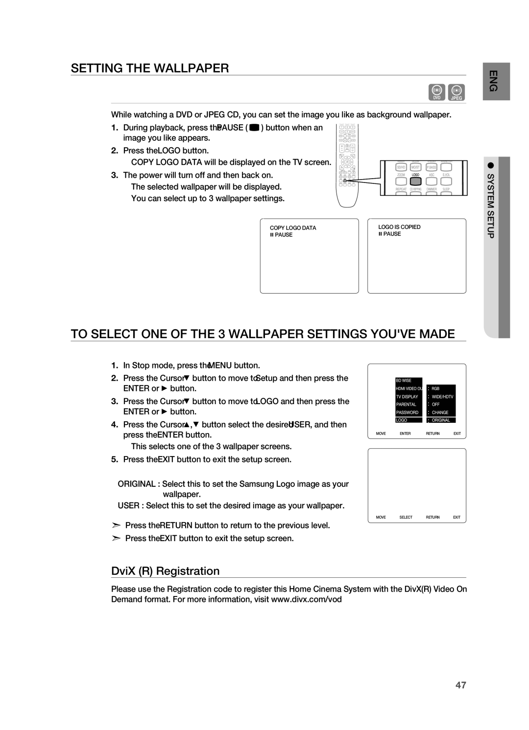 Samsung HT-TX725T/MEA Setting the WALLPAPEr, To Select ONE of the 3 WALLPAPEr Settings Youve Made, DviX r registration 