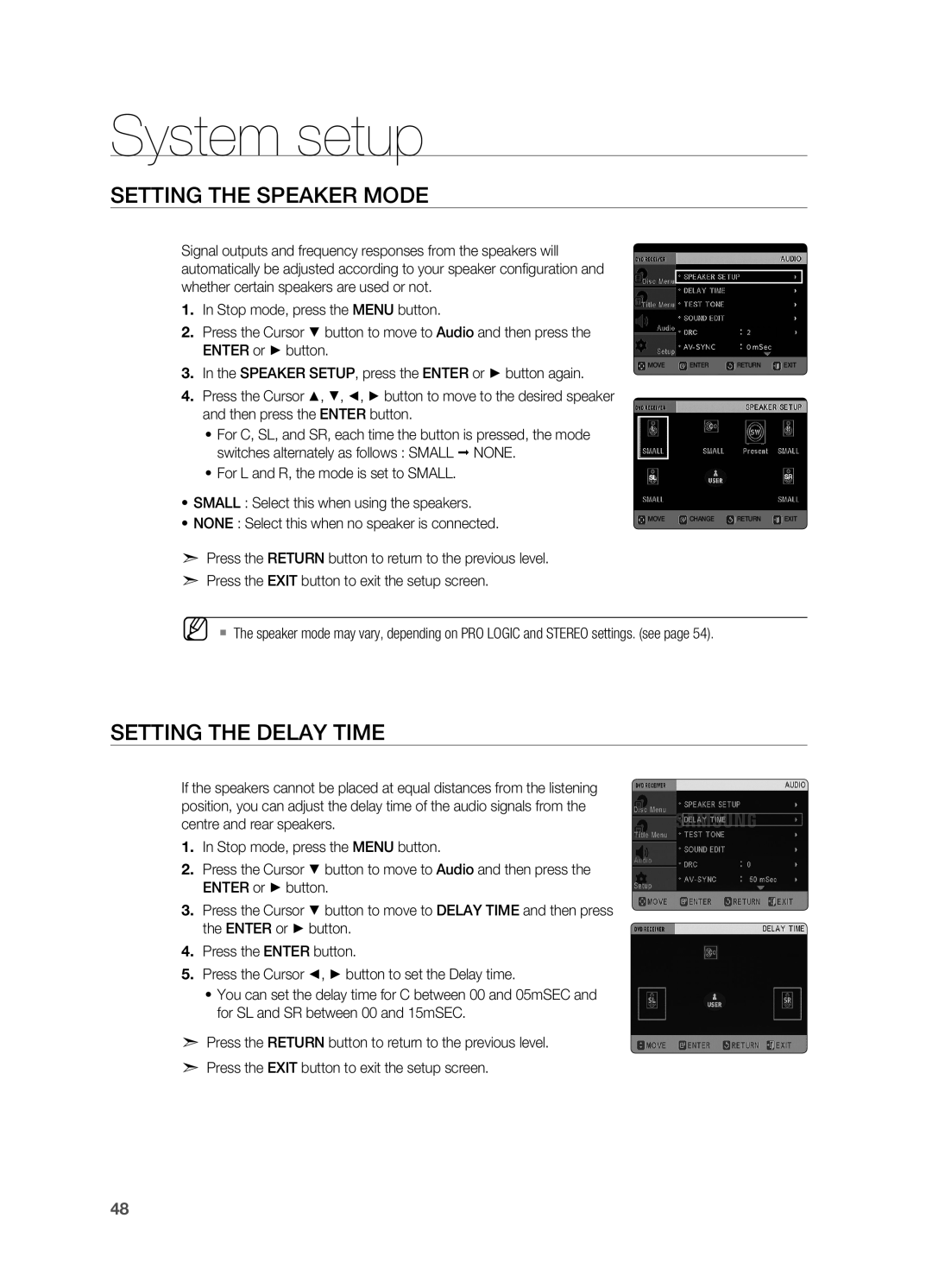 Samsung HT-TX725T/FMC, HT-TX725GT/EDC, HT-X725GT/XEU, HT-X725T/EDC manual Setting the Speaker Mode, Setting the Delay Time 