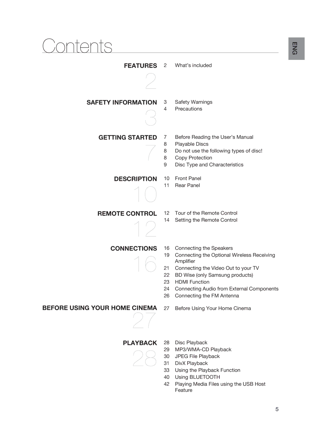 Samsung HT-TX725T/MEA, HT-TX725GT/EDC, HT-X725GT/XEU, HT-X725T/EDC, HT-X725GT/XET, HT-TX725T/HAC, HT-TX725T/FMC manual Contents 