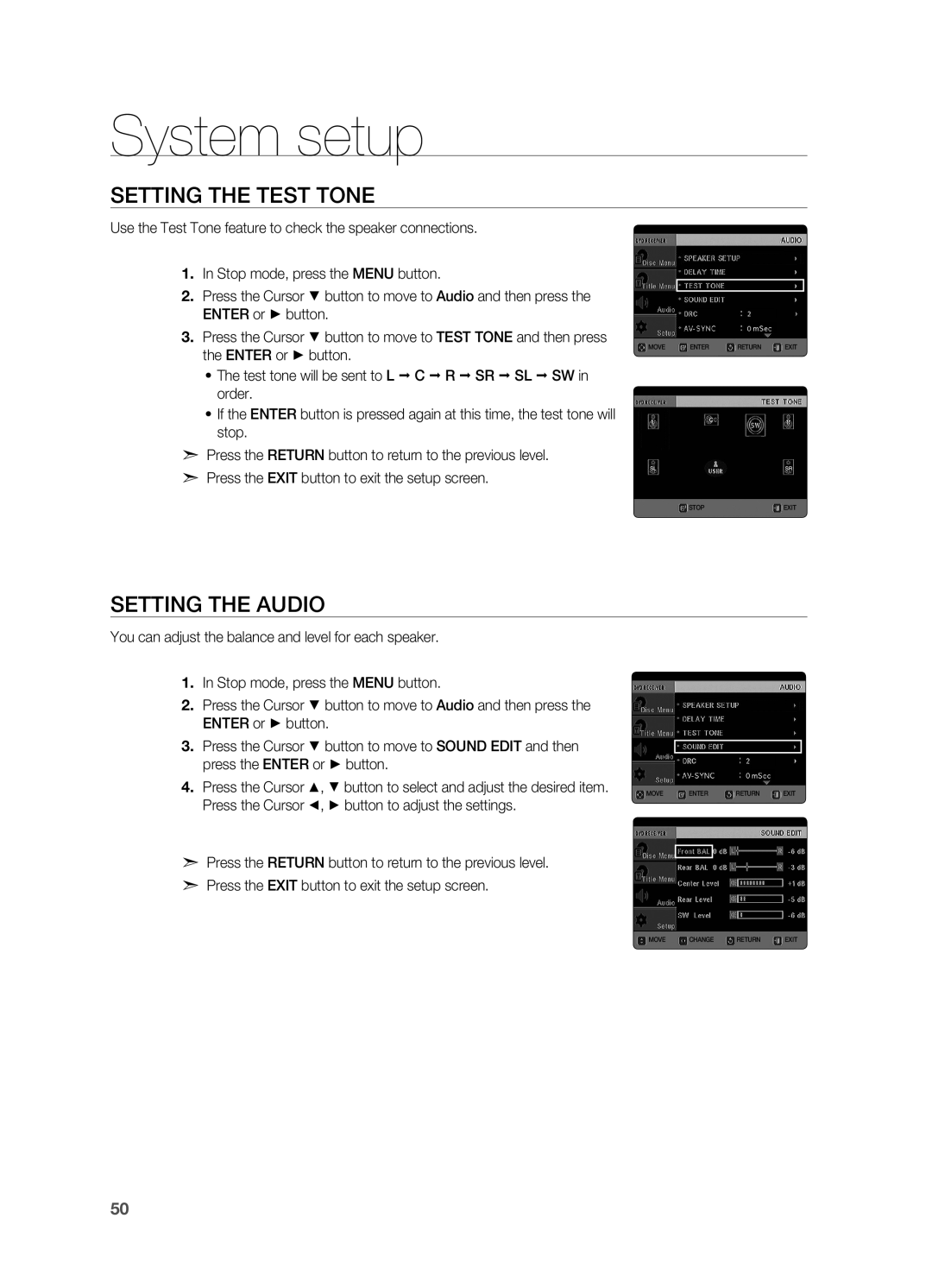 Samsung HT-X725T/MEA, HT-TX725GT/EDC, HT-X725GT/XEU, HT-X725T/EDC, HT-X725GT/XET Setting the Test Tone, Setting the Audio 