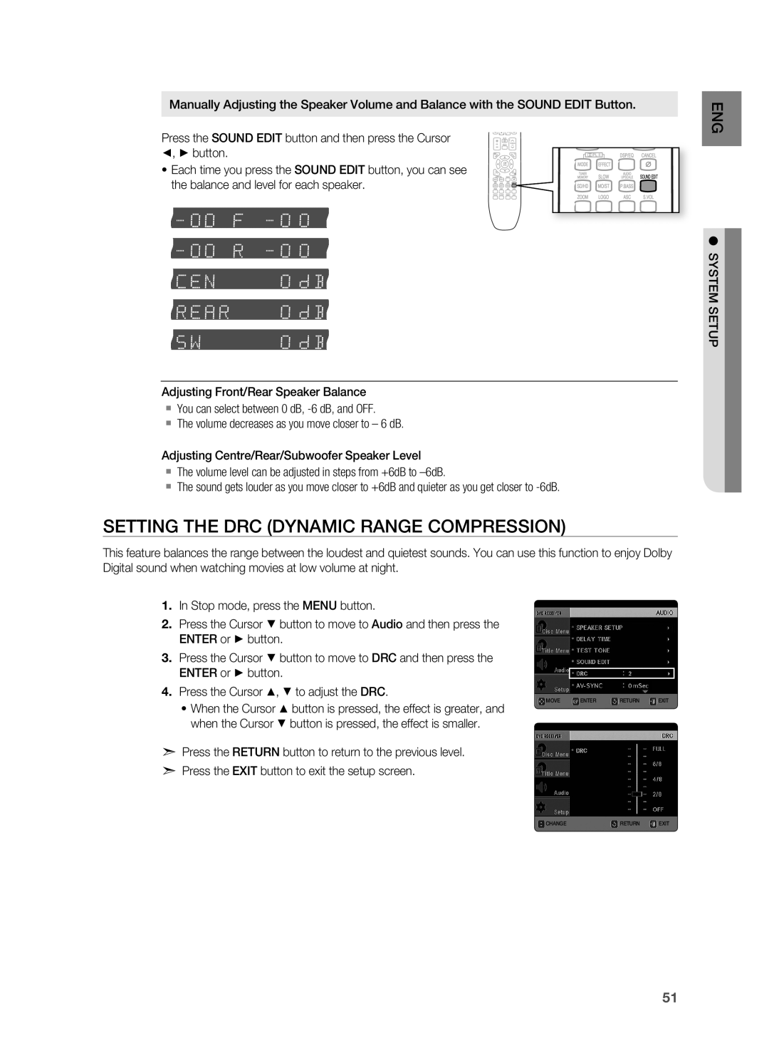 Samsung HT-TX725T/XSV, HT-TX725GT/EDC, HT-X725GT/XEU, HT-X725T/EDC Setting the DrC Dynamic rANGE COMPrESSION, System Setup 