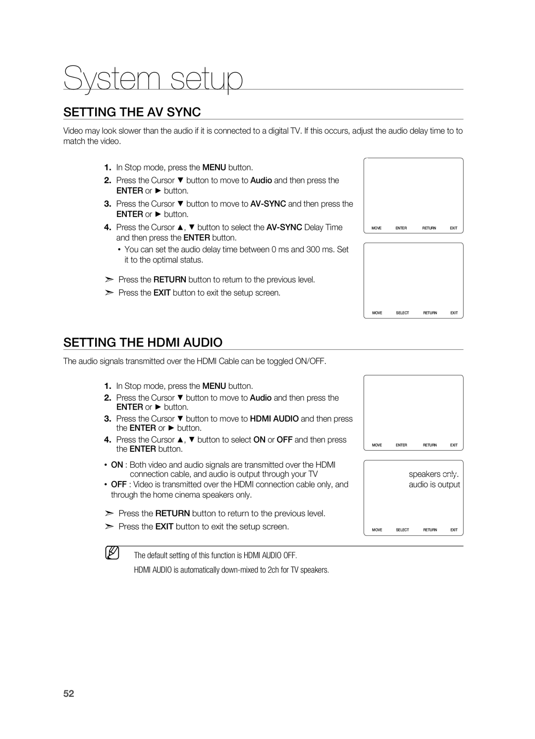 Samsung HT-X725GT/EDC, HT-TX725GT/EDC, HT-X725GT/XEU, HT-X725T/EDC, HT-X725GT/XET Setting the AV Sync, Setting the Hdmi Audio 