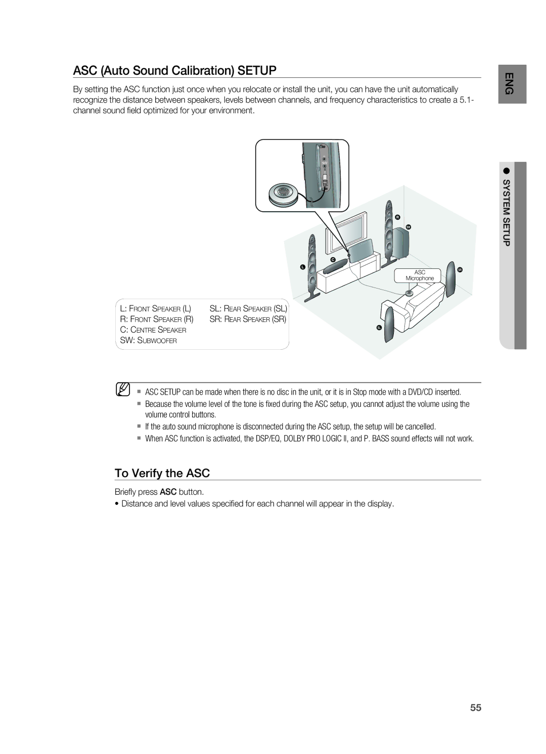 Samsung HT-X725T/SAM, HT-TX725GT/EDC, HT-X725GT/XEU, HT-X725T/EDC manual ASC Auto Sound Calibration Setup, To Verify the ASC 