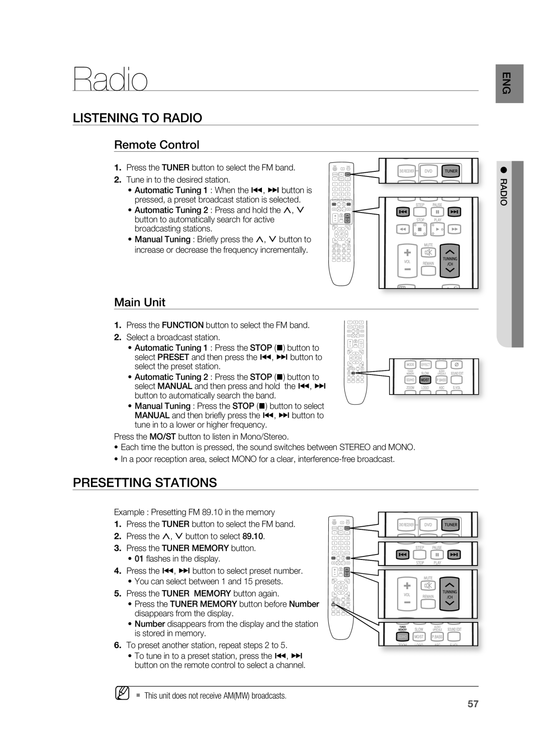 Samsung HT-X725GT/XEU, HT-TX725GT/EDC manual Radio, Listening to rADIO, PrESETTING Stations, Remote Control, Main Unit 