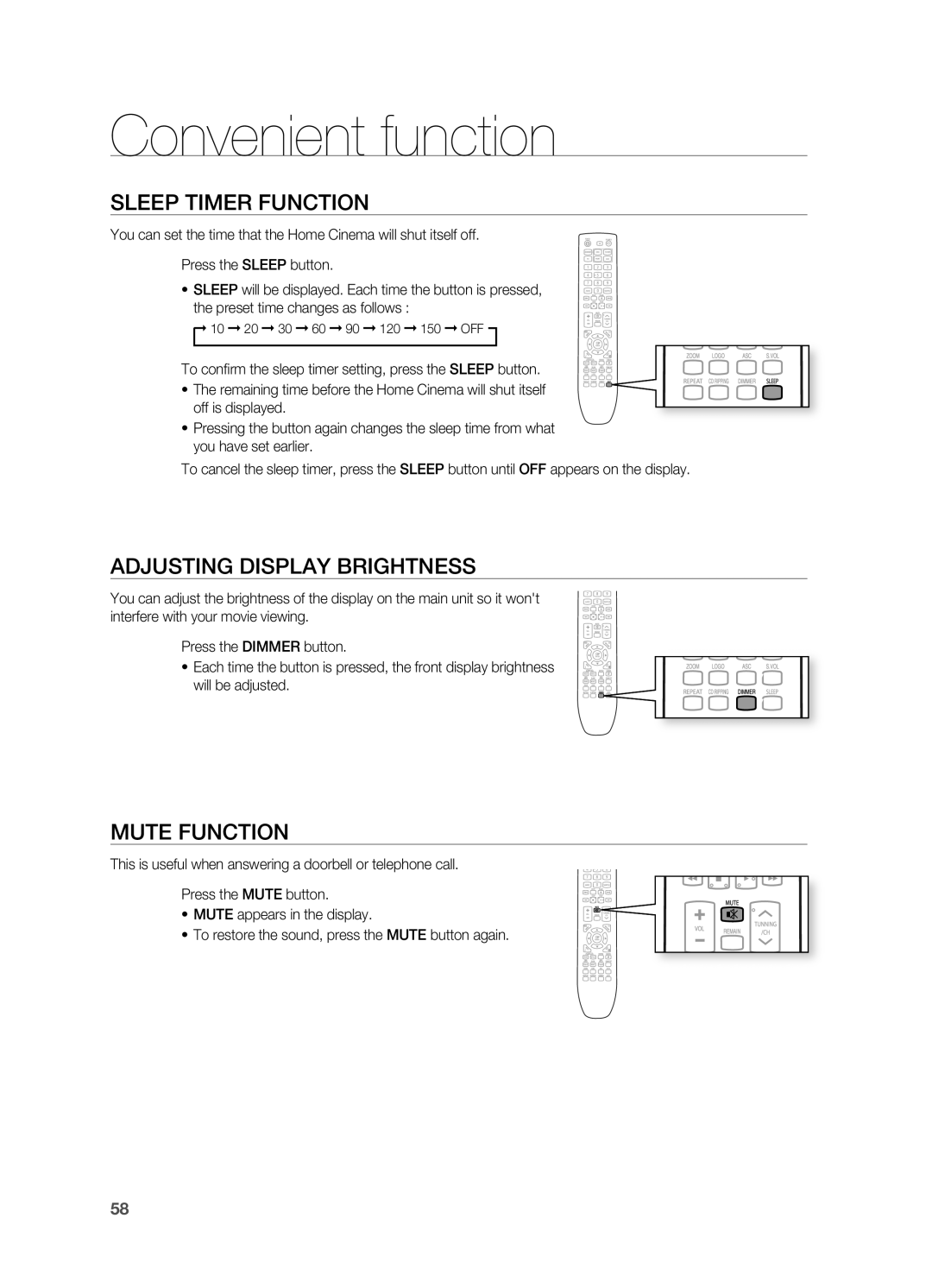 Samsung HT-X725T/EDC, HT-X725GT/XEU Convenient function, Sleep TIMEr Function, Adjusting Display BrIGHTNESS, Mute Function 