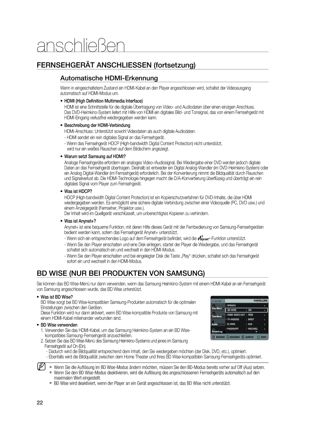 Samsung HT-X725GT/XEU, HT-TX725GT/EDC manual Fernsehgerät anschliessen fortsetzung, BD Wise nur bei Produkten von Samsung 