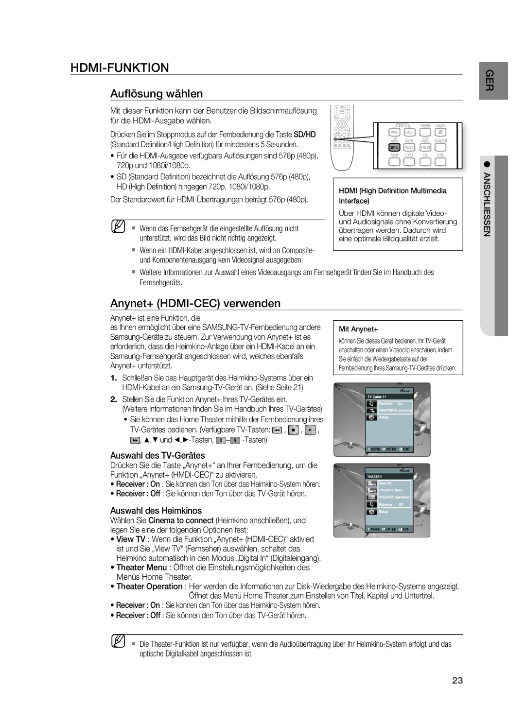 Samsung HT-X725T/EDC, HT-TX725GT/EDC HDmI-FunkTIon, Auﬂ ösung wählen, Anynet+ hDmI-CeC verwenden, Auswahl des TV-Gerätes 