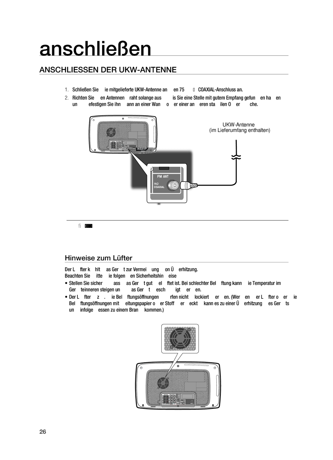 Samsung HT-X725T/EDC, HT-TX725GT/EDC, HT-X725GT/XEU manual AnsChLIessen Der ukW-AnTenne, Hinweise zum Lüfter 