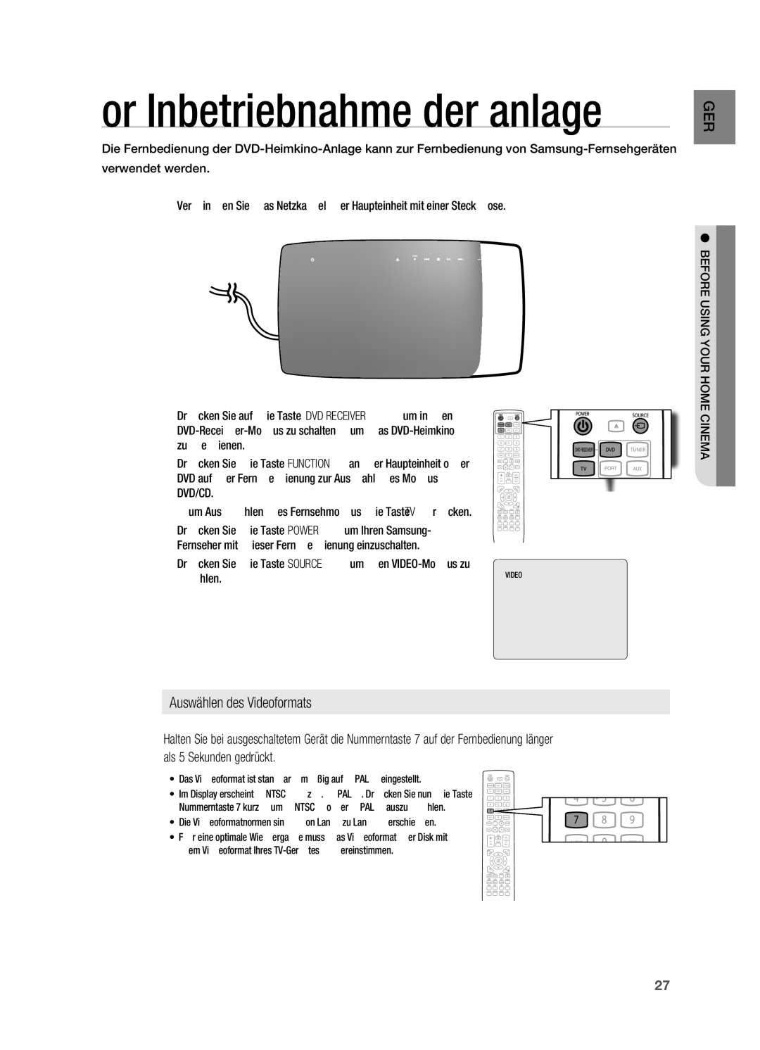 Samsung HT-TX725GT/EDC, HT-X725GT/XEU, HT-X725T/EDC manual Vor Inbetriebnahme der anlage 