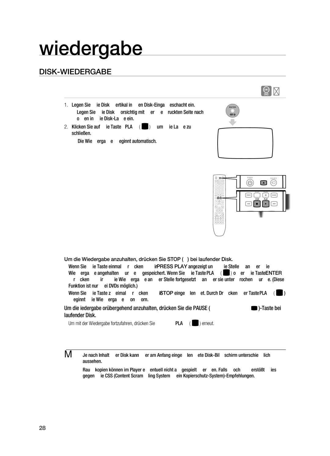 Samsung HT-X725GT/XEU, HT-TX725GT/EDC, HT-X725T/EDC manual Wiedergabe, DIsk-WIeDerGABe 