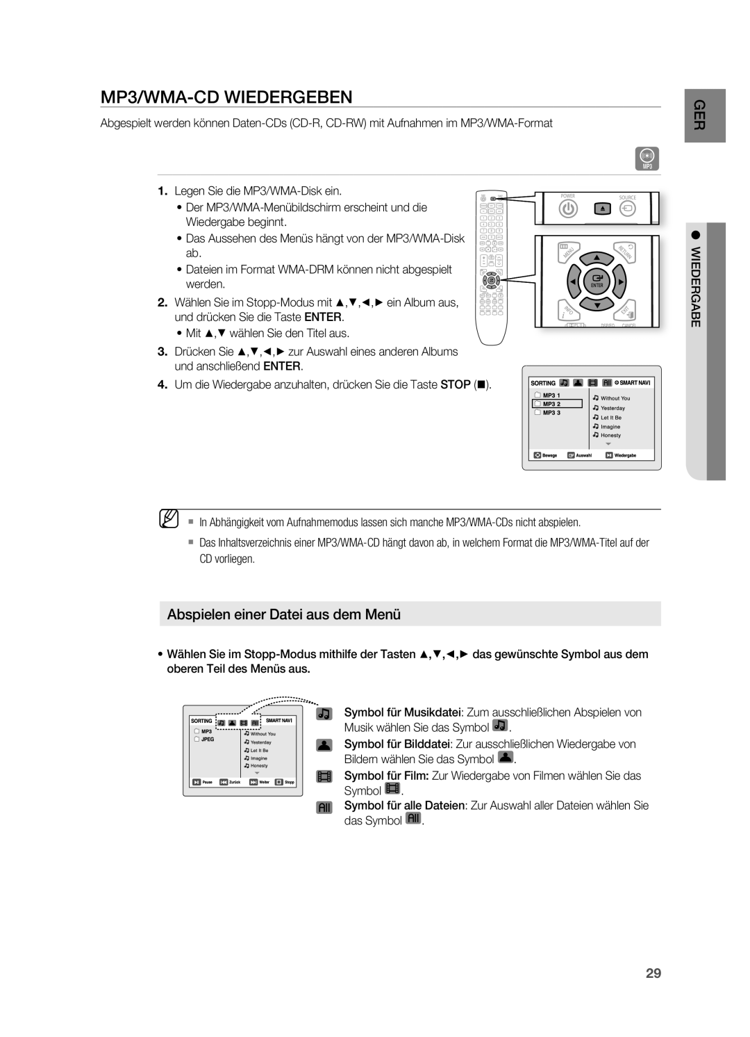 Samsung HT-X725T/EDC, HT-TX725GT/EDC, HT-X725GT/XEU manual Mp3/WmA-CD WIeDerGeBen, Abspielen einer Datei aus dem menü 