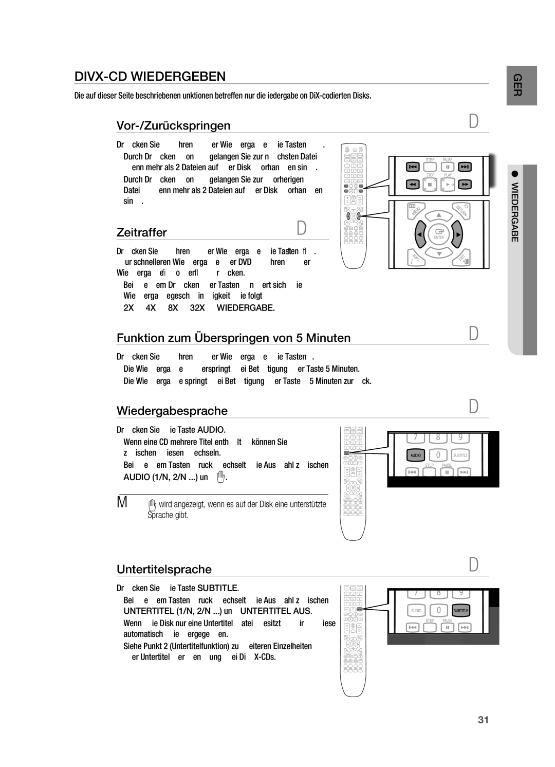 Samsung HT-X725GT/XEU manual Vor-/Zurückspringen, ZeitrafferD, Funktion zum Überspringen von 5 Minuten, Wiedergabesprache 