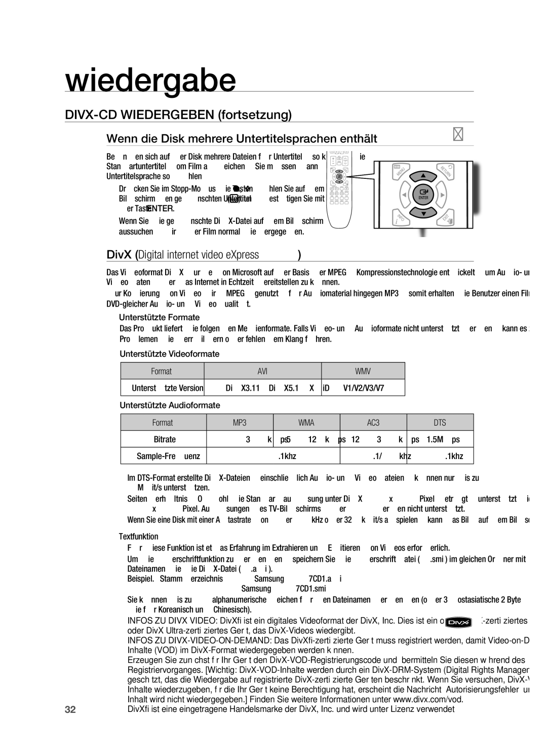 Samsung HT-X725T/EDC manual DIVX-CD WIeDerGeBen fortsetzung, Wenn die Disk mehrere untertitelsprachen enthält, Avi Wmv 