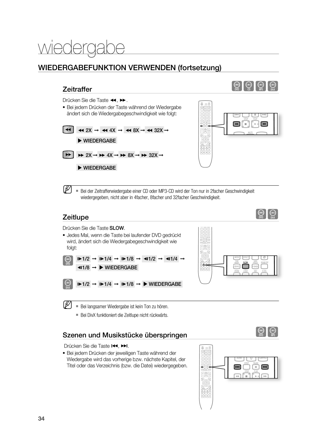 Samsung HT-X725GT/XEU Wiedergabefunktion Verwenden fortsetzung, Zeitraffer, Zeitlupe, Szenen und Musikstücke überspringen 