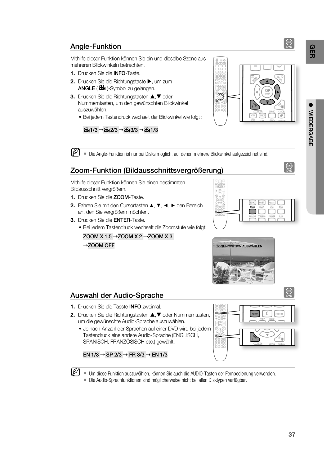 Samsung HT-X725GT/XEU, HT-TX725GT/EDC Angle-Funktion, Zoom-Funktion Bildausschnittsvergrößerung, Auswahl der Audio-Sprache 