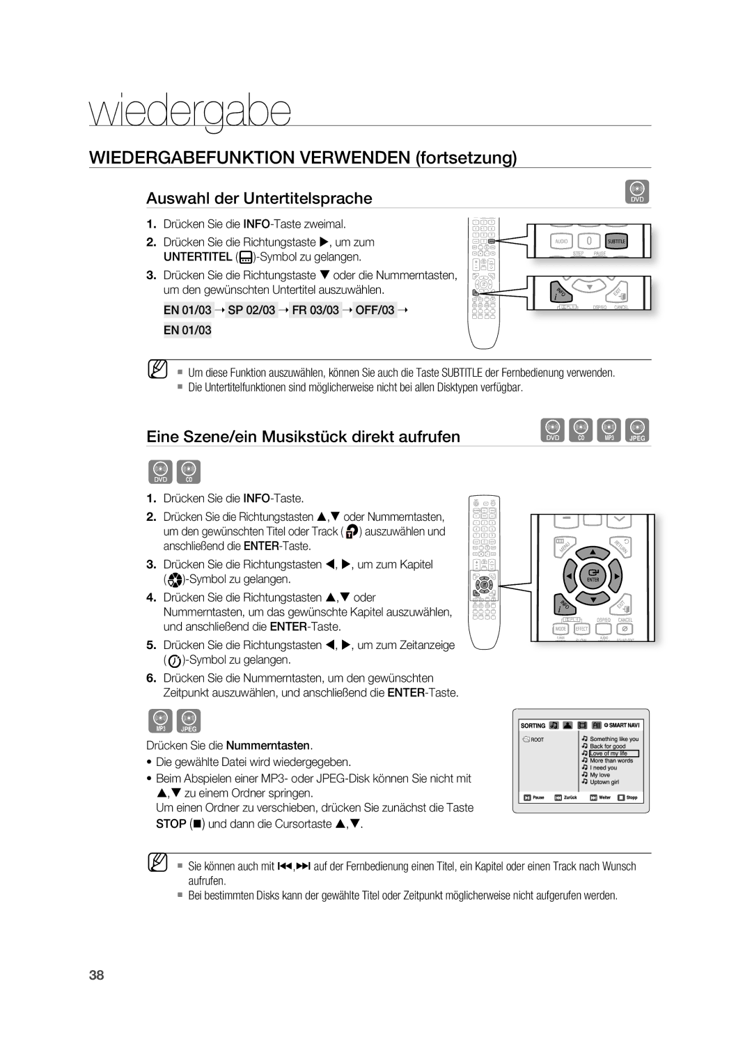 Samsung HT-X725T/EDC, HT-TX725GT/EDC manual Auswahl der Untertitelsprache, Eine Szene/ein Musikstück direkt aufrufen 