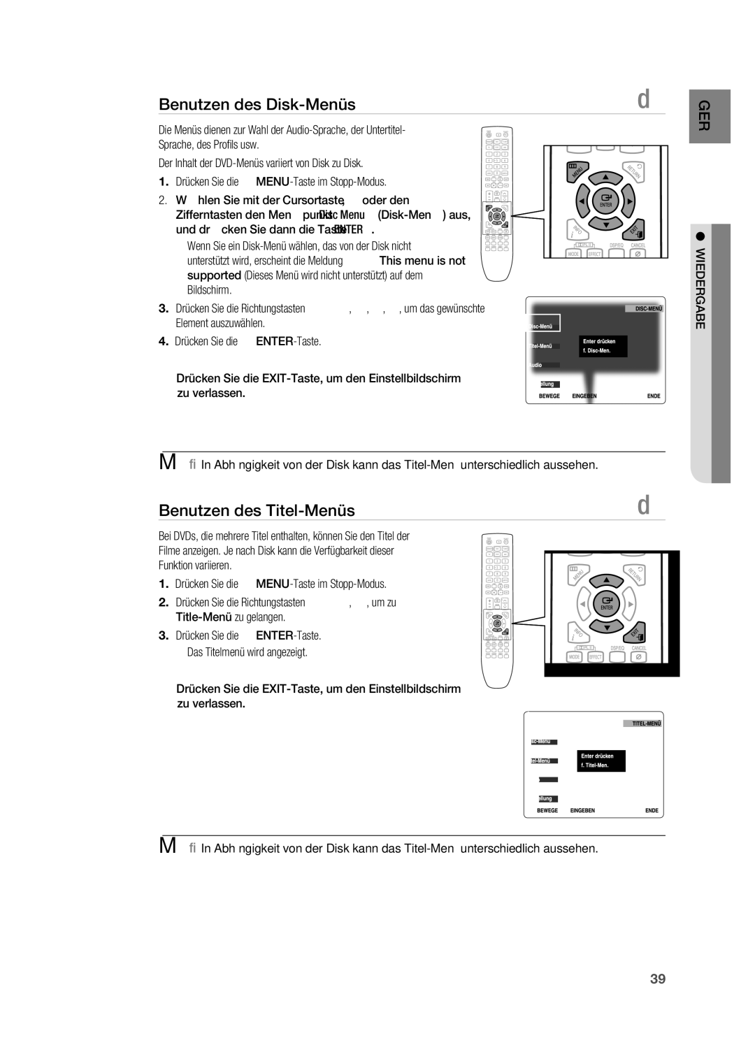 Samsung HT-TX725GT/EDC, HT-X725GT/XEU, HT-X725T/EDC manual Benutzen des Disk-Menüs, Benutzen des Titel-Menüs 