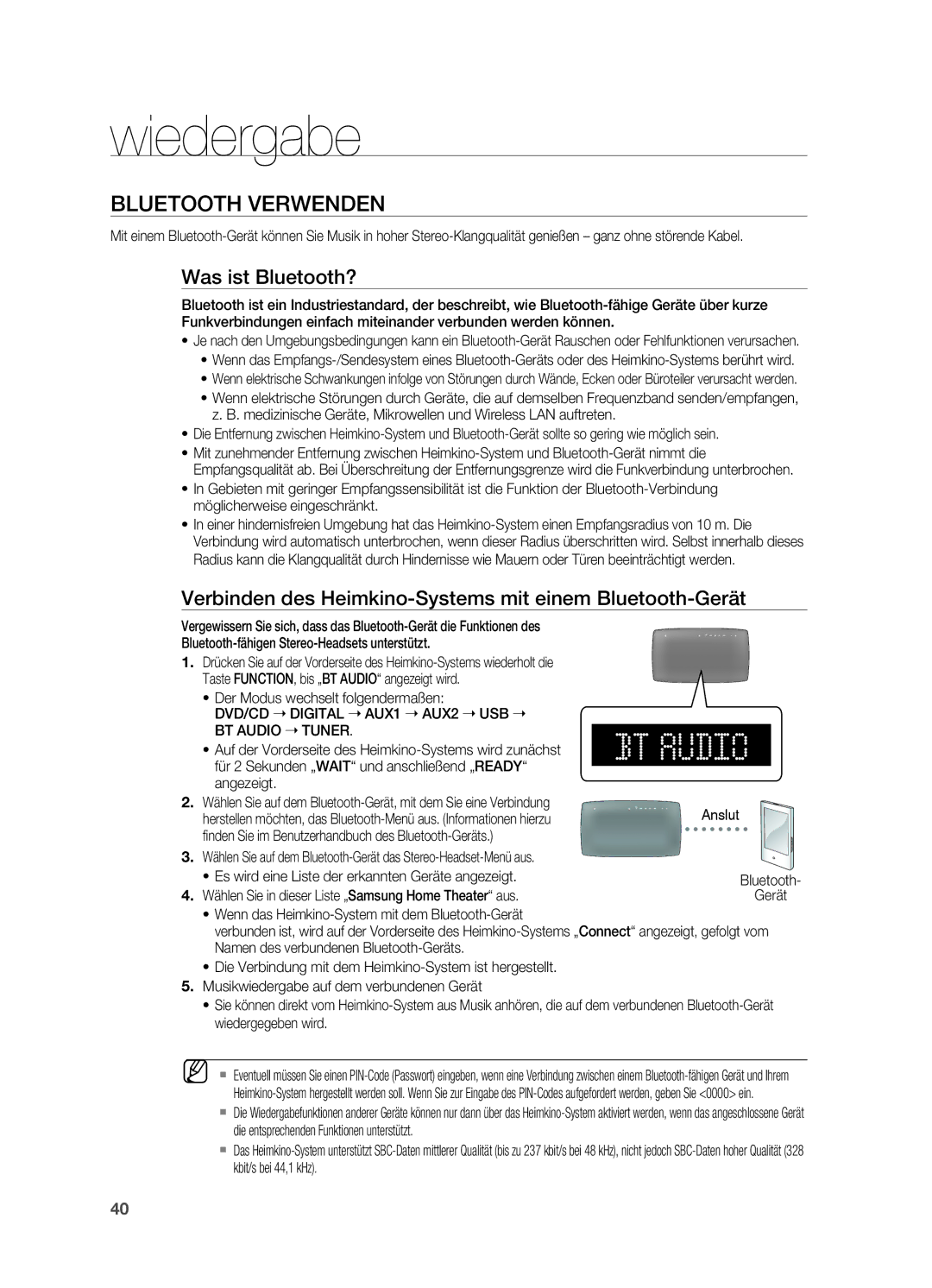 Samsung HT-X725GT/XEU Bluetooth verwenden, Was ist Bluetooth?, Verbinden des Heimkino-Systems mit einem Bluetooth-Gerät 