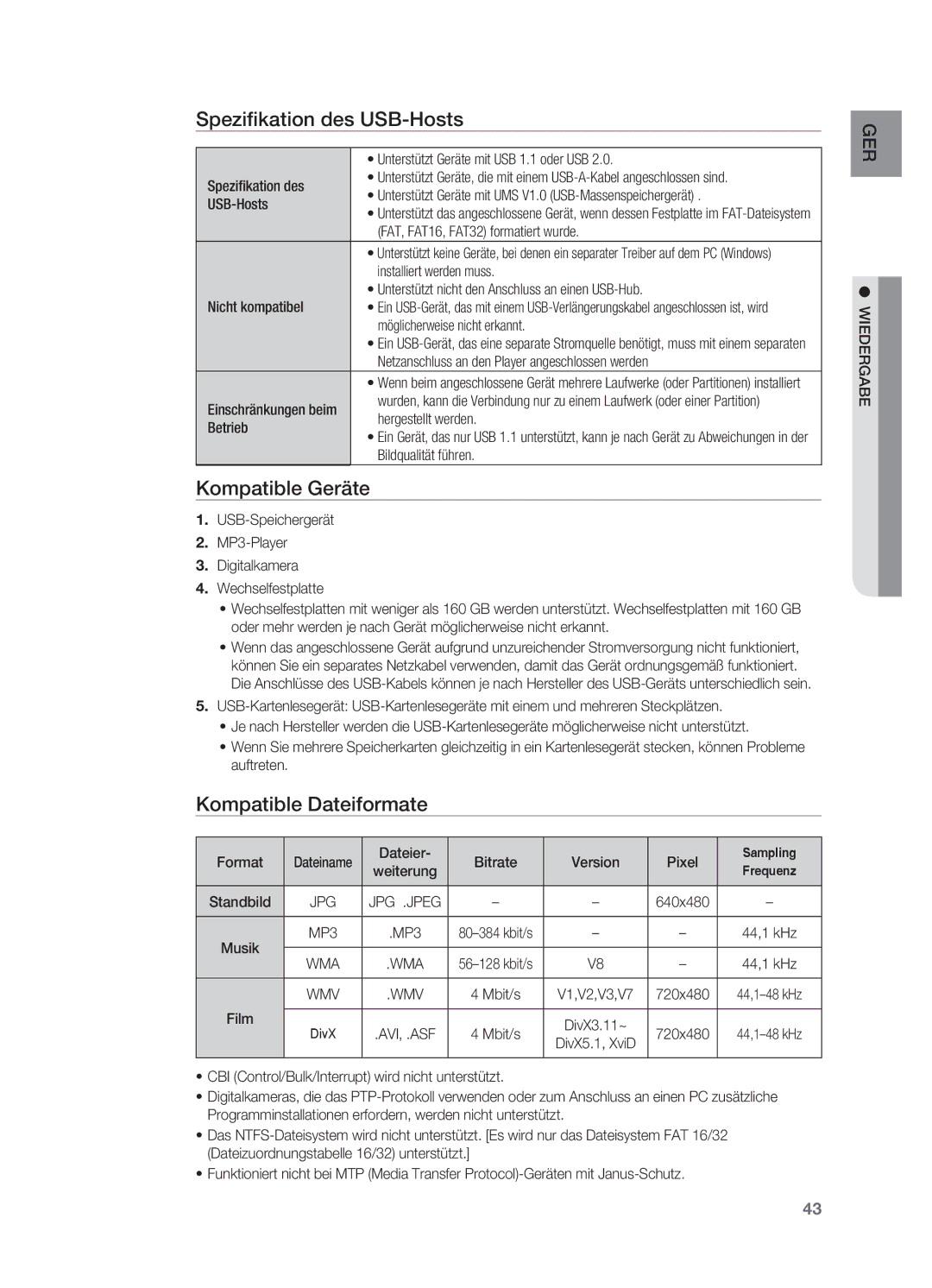 Samsung HT-X725GT/XEU, HT-TX725GT/EDC, HT-X725T/EDC Spezifikation des USB-Hosts, Kompatible Geräte, Kompatible Dateiformate 