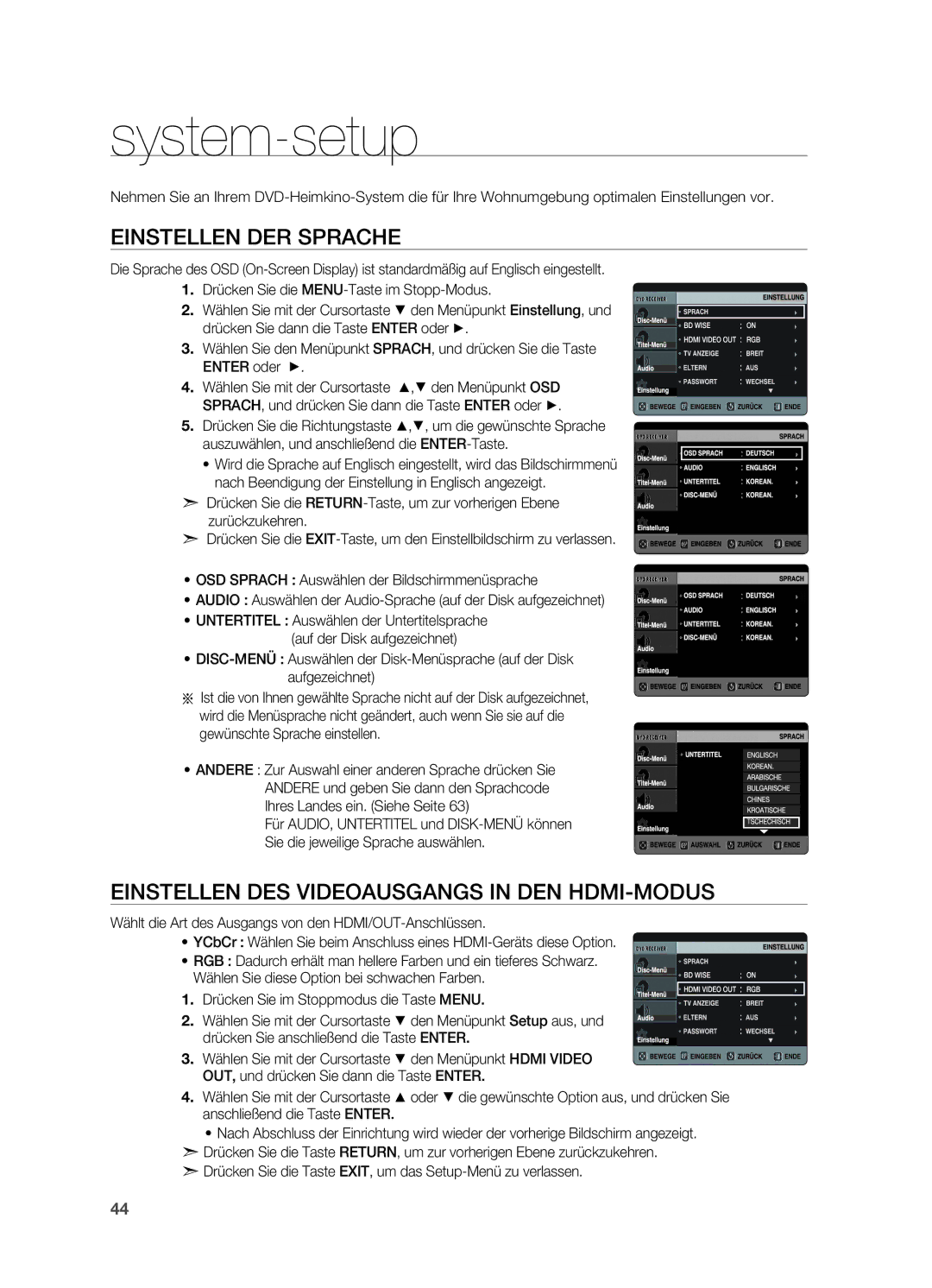 Samsung HT-X725T/EDC, HT-TX725GT/EDC System-setup, Einstellen der Sprache, Einstellen des Videoausgangs in DEN HDMI-MODUS 