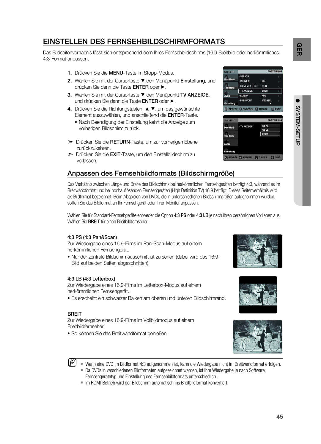 Samsung HT-TX725GT/EDC Einstellen des Fernsehbildschirmformats, Anpassen des Fernsehbildformats Bildschirmgröße, Breit 