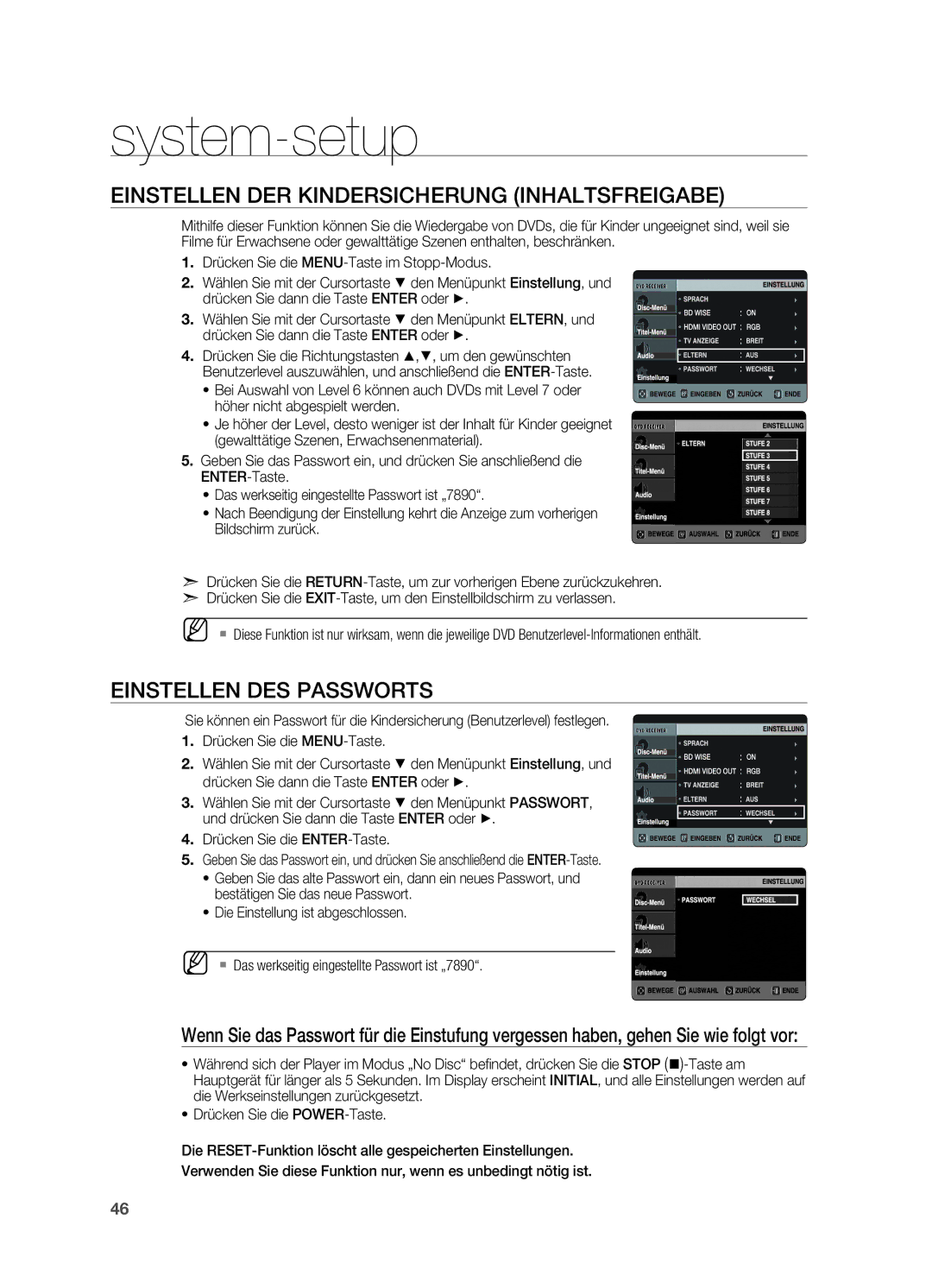 Samsung HT-X725GT/XEU, HT-TX725GT/EDC manual Einstellen der Kindersicherung Inhaltsfreigabe, Einstellen des Passworts 