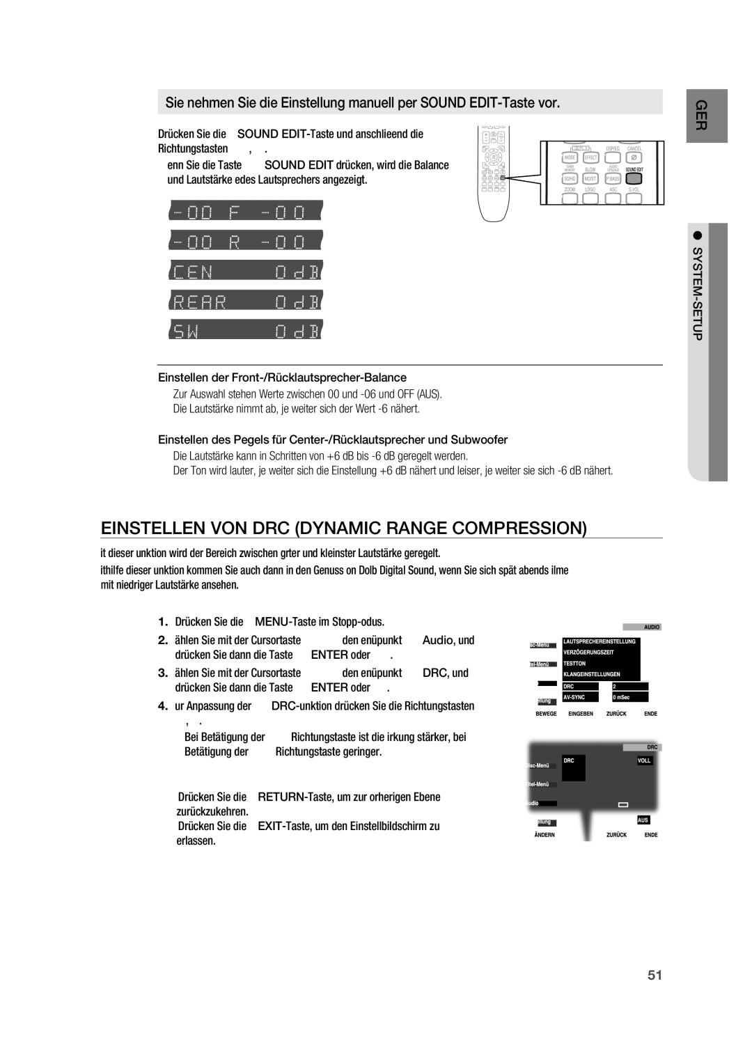 Samsung HT-TX725GT/EDC, HT-X725GT/XEU, HT-X725T/EDC manual Einstellen VoN DRC Dynamic Range CoMPRESSIoN, System-Setup 