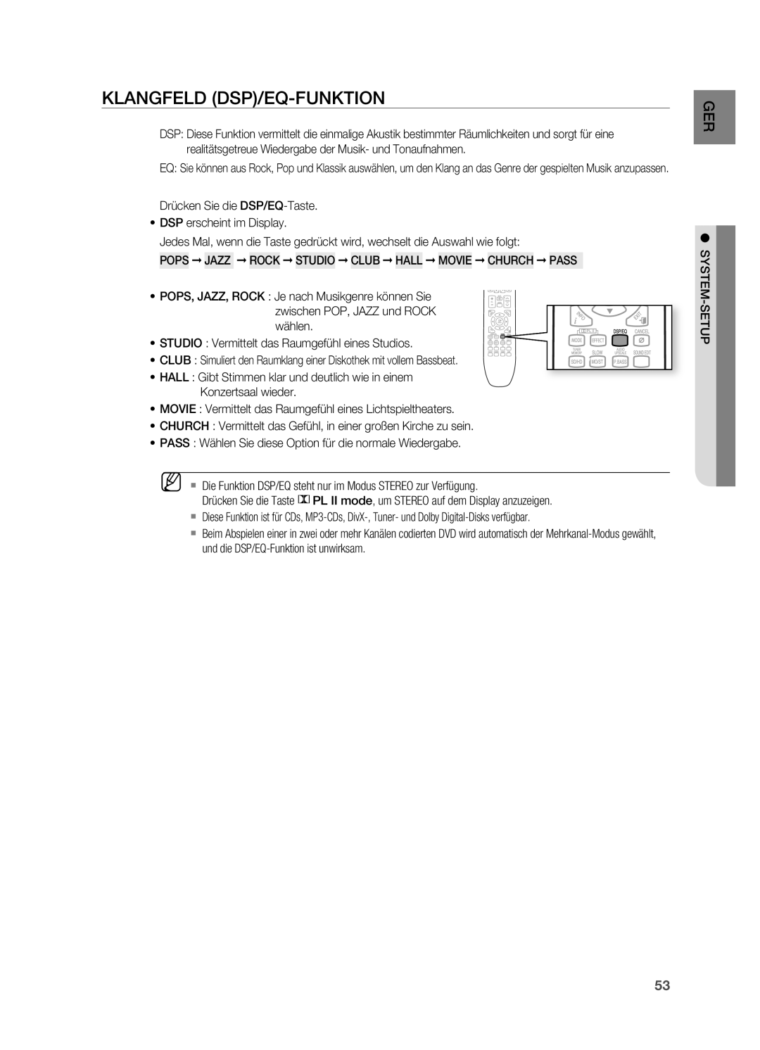 Samsung HT-X725T/EDC, HT-TX725GT/EDC, HT-X725GT/XEU manual Klangfeld DSP/EQ-FUNKTIoN 