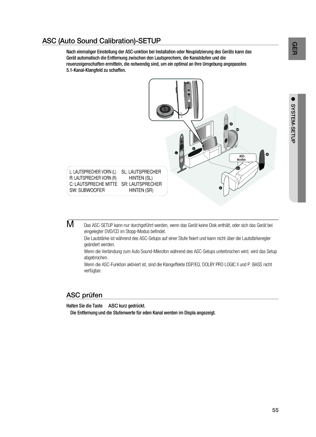 Samsung HT-X725GT/XEU, HT-TX725GT/EDC, HT-X725T/EDC manual ASC Auto Sound Calibration-SETUP, ASC prüfen, SW Subwoofer 