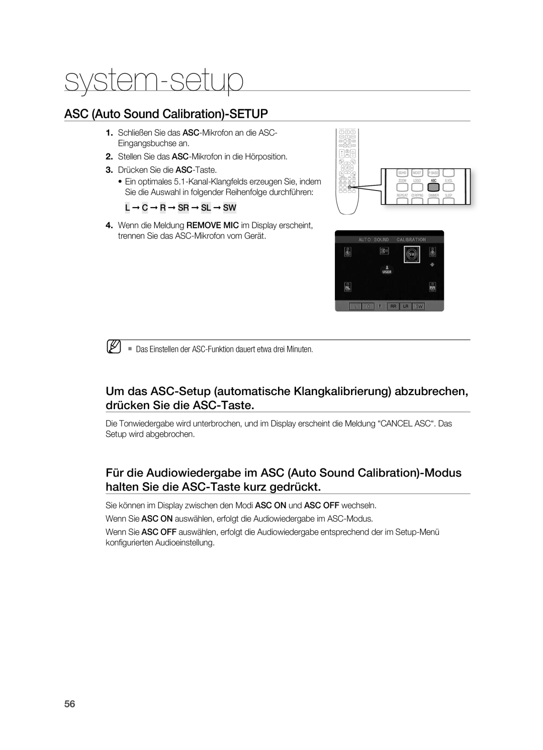 Samsung HT-X725T/EDC, HT-TX725GT/EDC, HT-X725GT/XEU R Sr Sl Sw, ` Das Einstellen der ASC-Funktion dauert etwa drei Minuten 