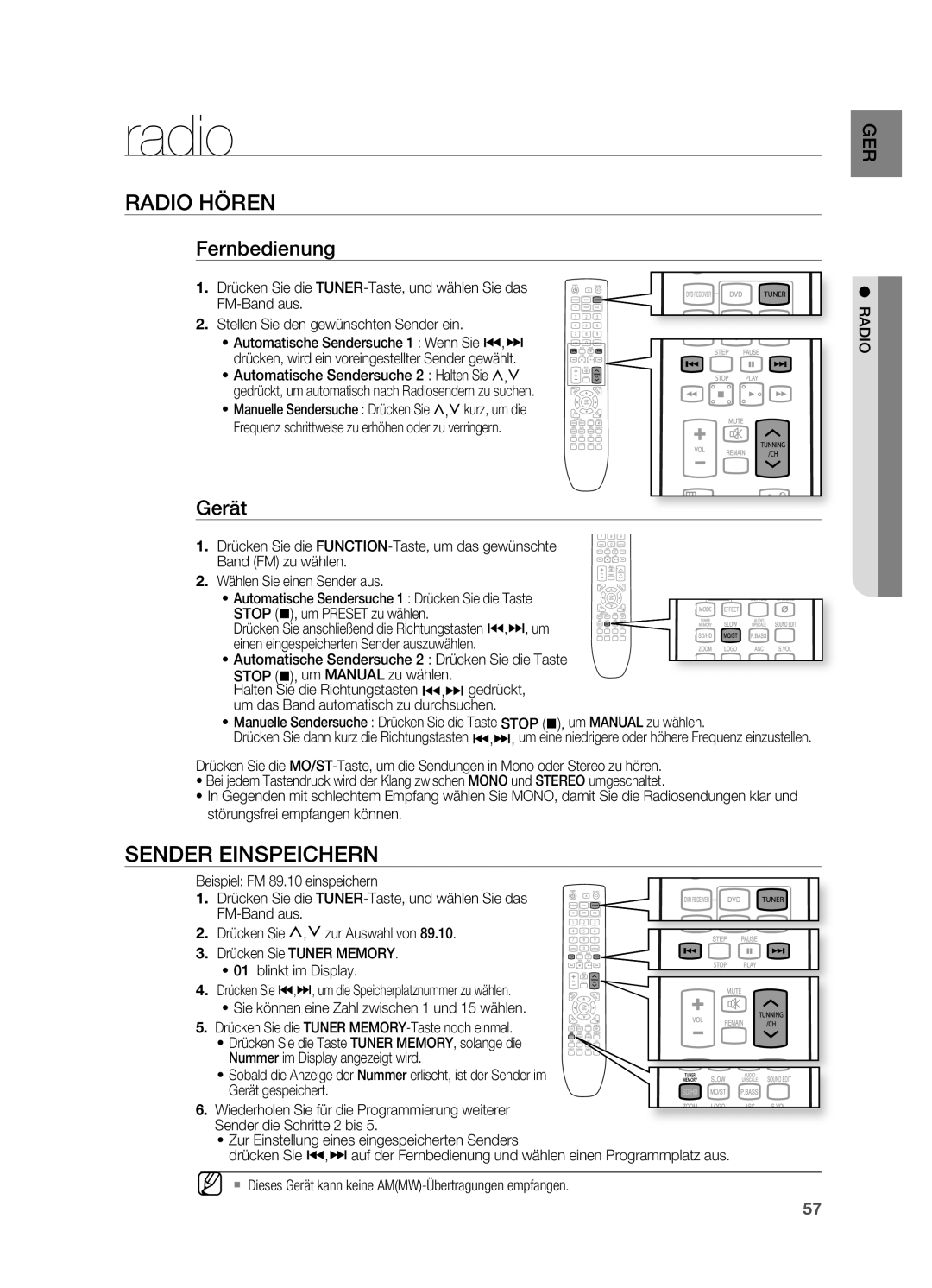 Samsung HT-TX725GT/EDC, HT-X725GT/XEU, HT-X725T/EDC manual Radio, RADIo HöREN, Fernbedienung, Gerät 